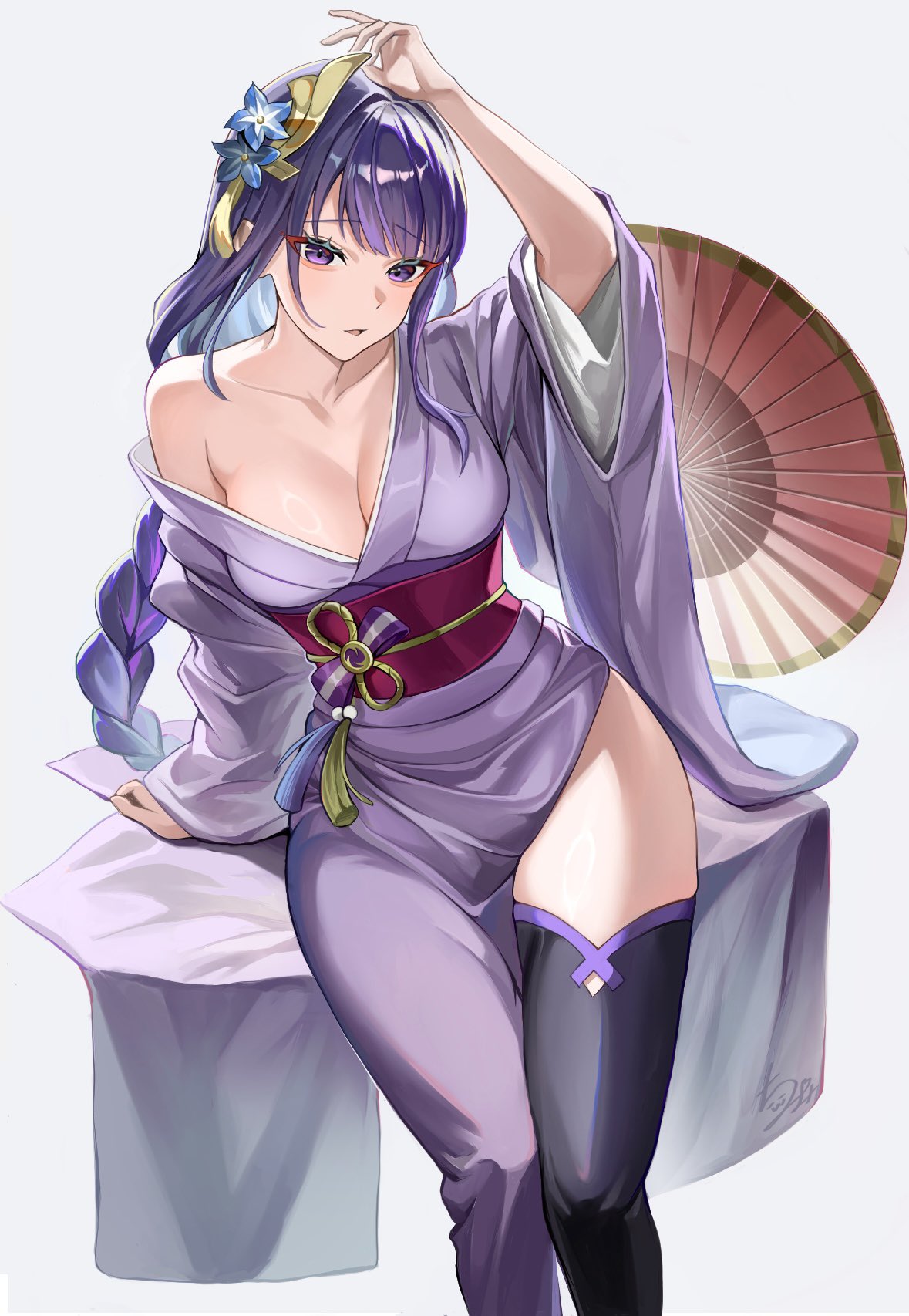 1girls, black thighhighs, breasts, chinamin 02, exposed breasts, female, genshin impact, hoyoverse, long hair, mihoyo, ponytail, purple eyes, purple hair, raiden shogun, sitting, thighhighs, umbrella