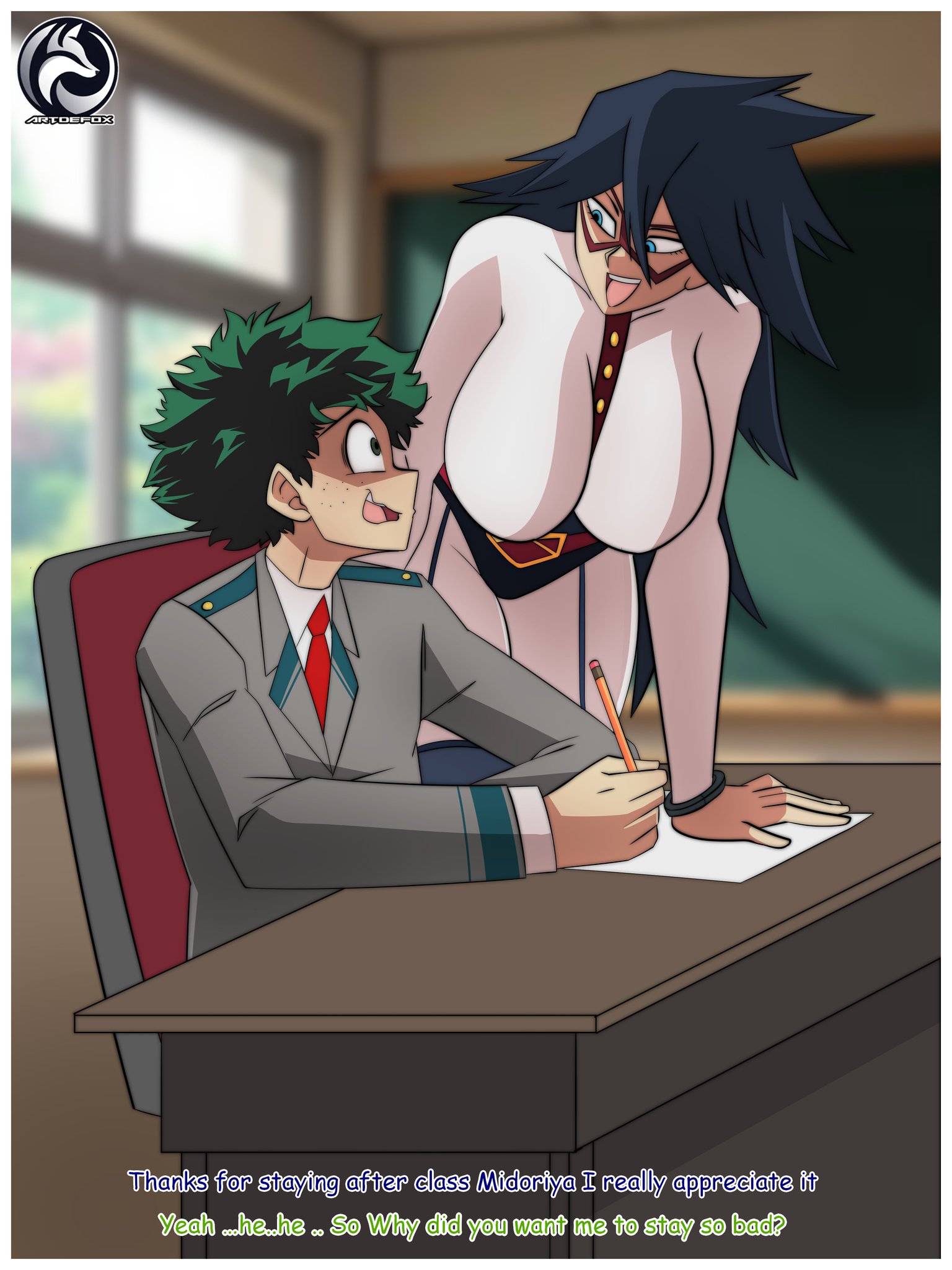 artdefox, big breasts, bodysuit, boku no hero academia, breasts, female, horny female, inminent sex, izuku midoriya, male, midnight (my hero academia), midoriya izuku, my hero academia, nervous smile, older, older female, teacher and student, younger male