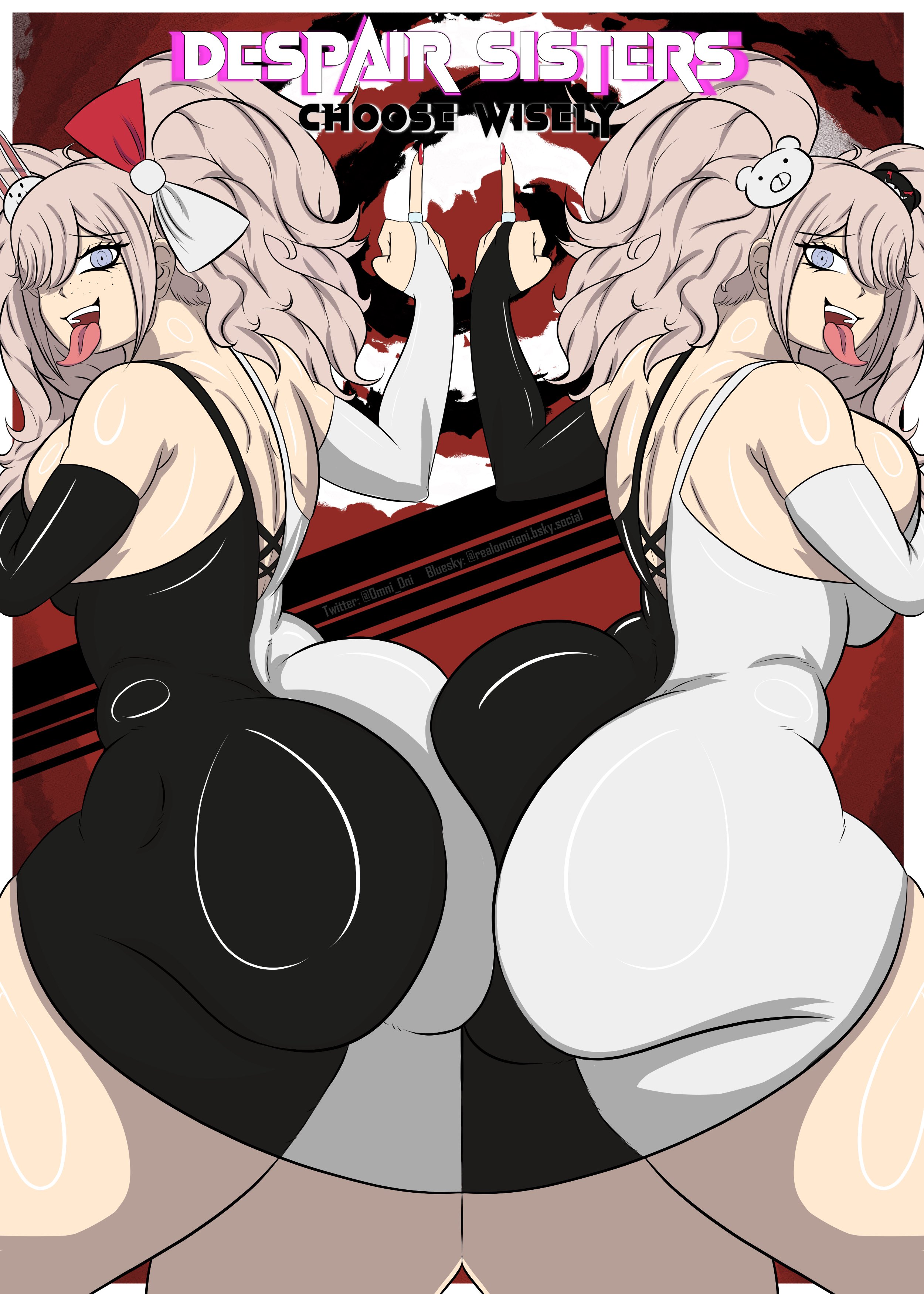 2girls, ass, ass focus, asses touching, big ass, big breasts, breasts, clothed, clothed female, clothing, danganronpa, danganronpa: trigger happy havoc, dress, evening gown, female, female only, huge ass, junko enoshima, middle finger, mukuro ikusaba, omnioni, sisters, text, that one random junko dress trend, thick thighs, thighs, tight clothing, tight fit, tounge out