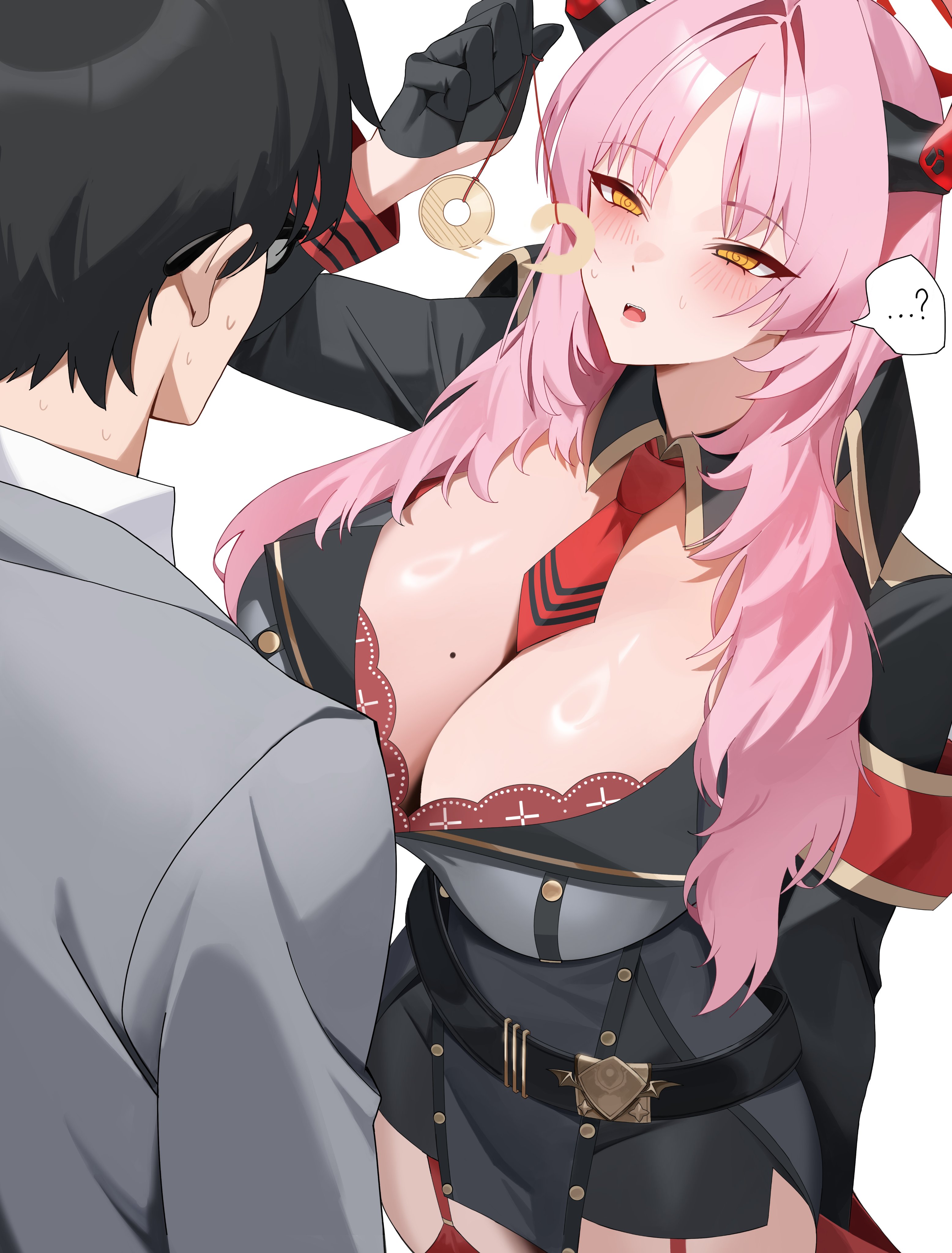 1boy, absurdres, black gloves, black skirt, blue archive, blush, bra, bra cups sticking out, bra peek, breasts, cleavage, coin, coin on string, ddog, demon horns, disinterested, emotionless, emotionless female, empty eyes, female, gloves, halo, heavenly body, highres, holding, holding pendulum, holed coin, horns, human sex toy, hypnosis, imminent rape, indifference, indifferent, jacket, large breasts, long hair, male, mind control, miniskirt, mole, mole on breast, multicolored horns, necktie, open mouth, pendulum, pink hair, red bra, red garter straps, red halo, red horns, red necktie, red sleeve cuffs, red thighhighs, red wrist cuffs, satsuki (blue archive), self hypnosis, sensei (blue archive), short hair, simple background, skirt, solo focus, straight, thighhighs, two-tone horns, unamused, unaware, unaware hypnosis, unbothered, uncaring, underwear, unenthusiastic, white background, wrist cuffs