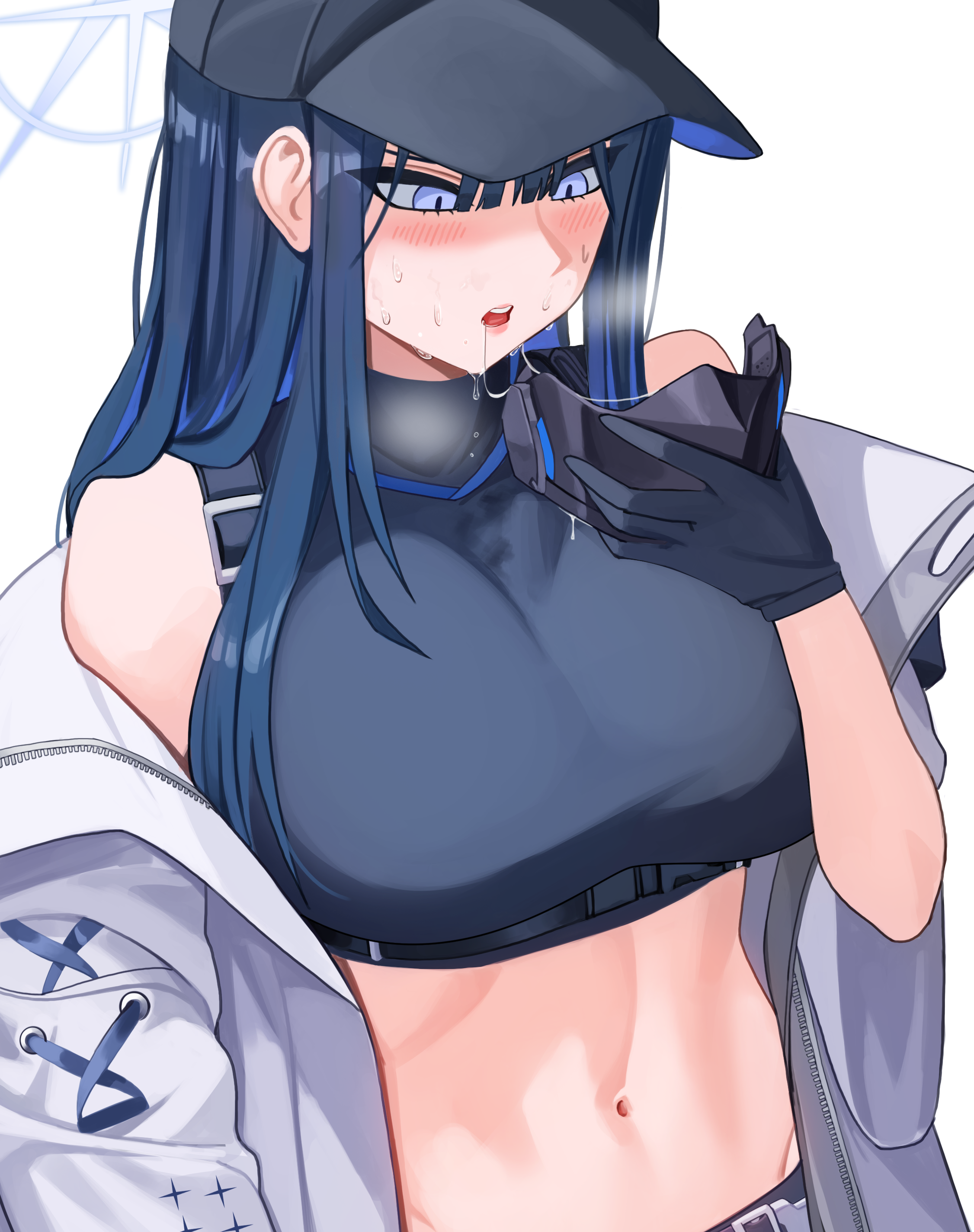 absurdres, bare shoulders, baseball cap, black hair, black hat, black shirt, blue archive, blue eyes, blue hair, breasts, crop top, ddog, drooling, female, gloves, halo, hat, highres, holding, holding mask, large breasts, long hair, mask, midriff, mouth mask, navel, saliva, saori (blue archive), shirt, sleeveless, sleeveless shirt, solo, stomach, sweat