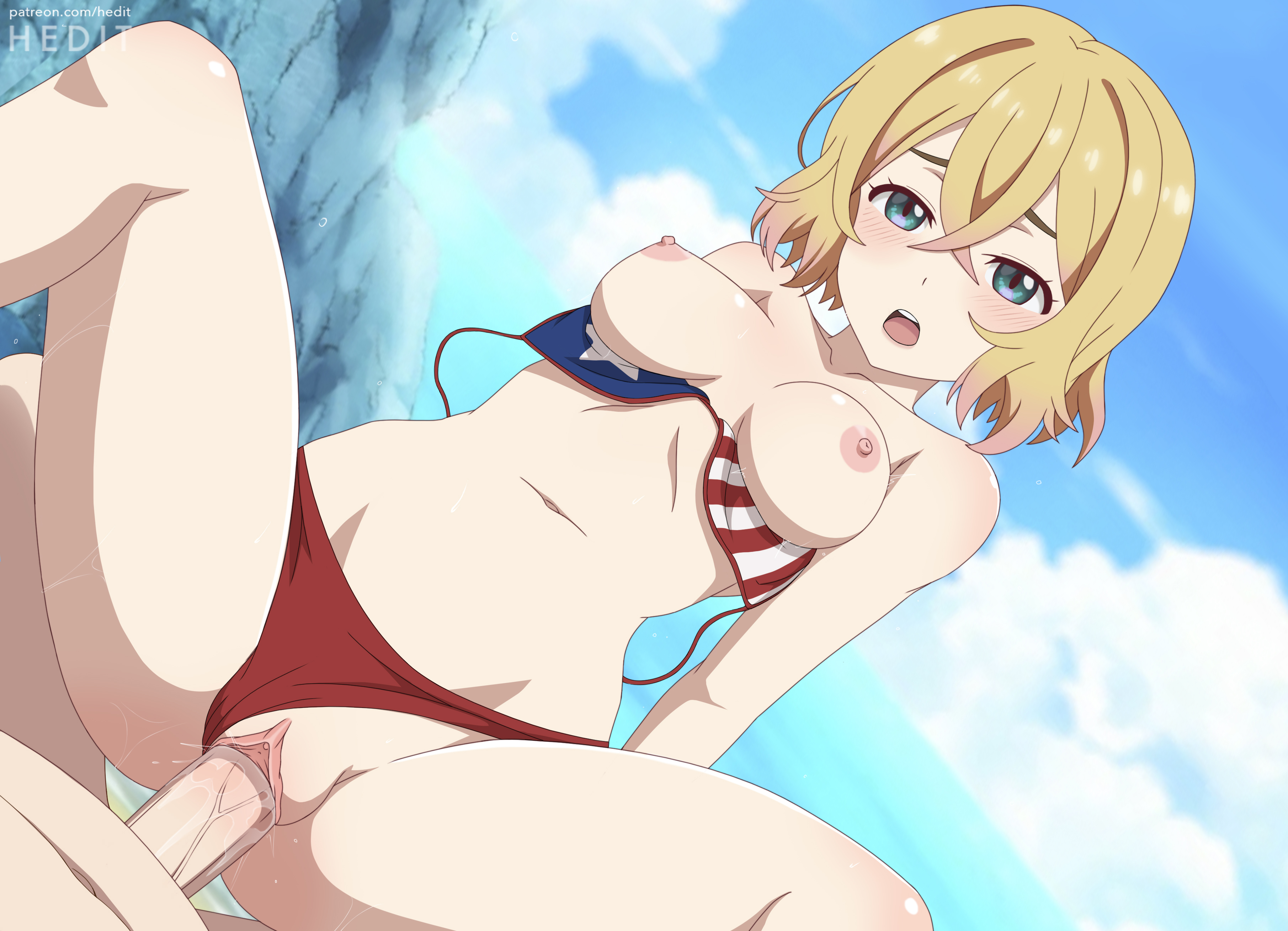 1boy, 1girls, 2d, 2d (artwork), american flag, american flag bikini, aqua eyes, areolae, bangs, bedroom eyes, belly, bikini, bikini aside, bikini down, blonde hair, blue eyes, blush, breasts, breasts out, clothed female, clothed female nude male, clothed sex, clouds, collarbone, cowgirl position, dominant female, duo, exposed, exposed breasts, exposed pussy, feet out of frame, female, female focus, female on top, green eyes, happy sex, hedit, hi res, hourglass figure, kanojo okarishimasu, knees, large breasts, light skin, light-skinned female, looking at viewer, male, male pov, medium breasts, medium hair, motion lines, nanami mami, navel, nipples, open mouth, orgasm face, outdoor sex, outdoors, outside, pale skin, pale-skinned female, panties aside, penetration, penis, pink hair, pink highlights, pov, pussy, pussy juice, riding penis, seductive, seductive eyes, seductive look, sex, shaved crotch, shaved pussy, sky, slim waist, spread legs, straight hair, submissive male, swimsuit, swimsuit aside, swimsuit down, teal eyes, thighs, two-tone hair, uncensored, vaginal penetration, wide hips
