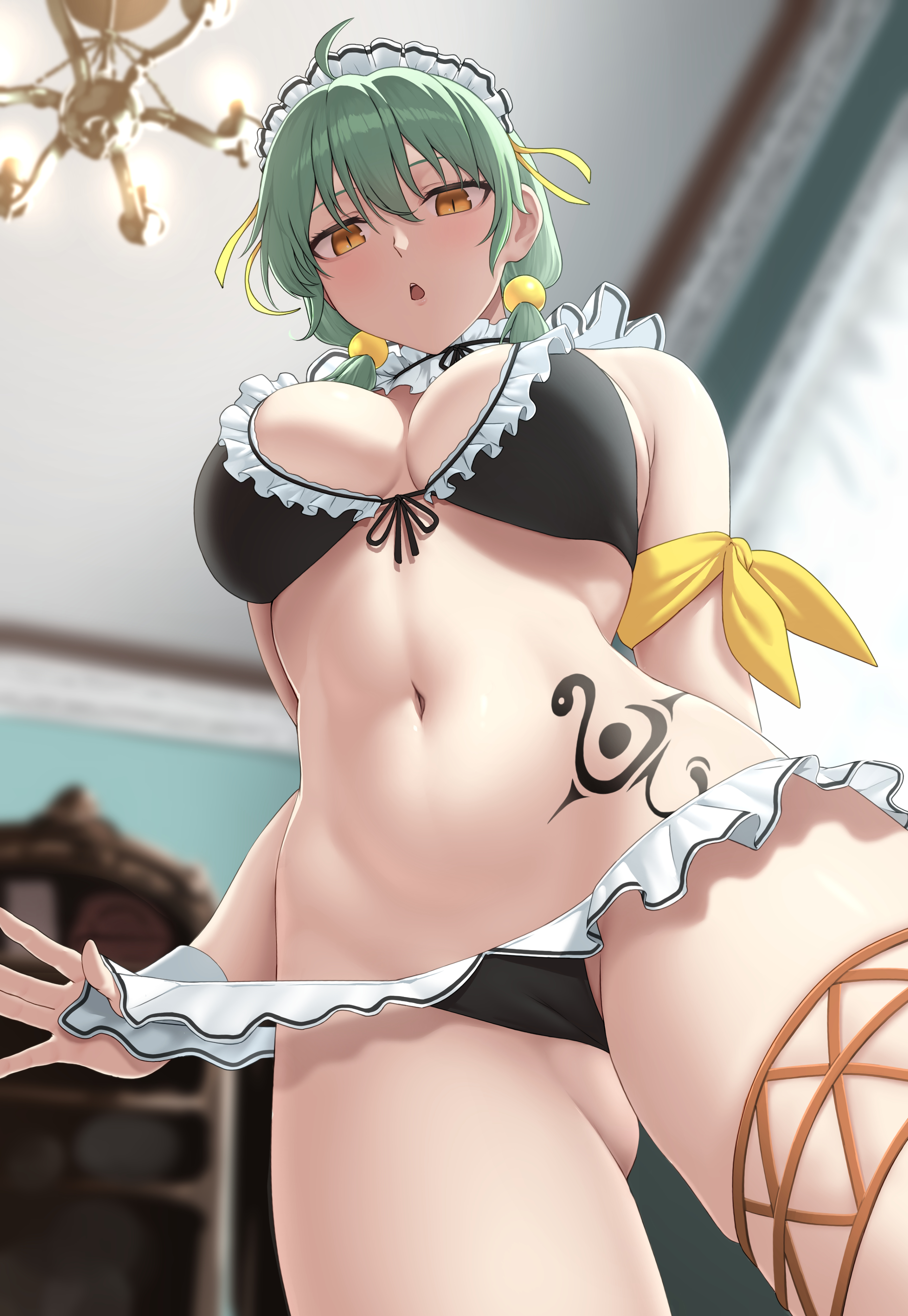 :o, abs, absurdres, ahoge, alternate costume, alternate hairstyle, armband, bikini, bikini pull, black bikini, blurry, blurry background, breasts, cabinet, cameltoe, chandelier, choker, cleavage, clothes pull, commentary, day, detached collar, enmaided, female, fishnet thigh strap, frilled bikini, frilled choker, frills, from below, gluteal fold, green hair, hair bobbles, hair ornament, highres, hikage (senran kagura), hip tattoo, indoors, large breasts, light blush, looking down, low twintails, maid, maid bikini, maid headdress, medium hair, navel, open mouth, pulling own clothes, senran kagura, skindentation, slit pupils, snake tattoo, solo, swimsuit, tattoo, teasing, toned, toned female, twintails, unconventional maid, wrist cuffs, yellow eyes, zib (boriku)