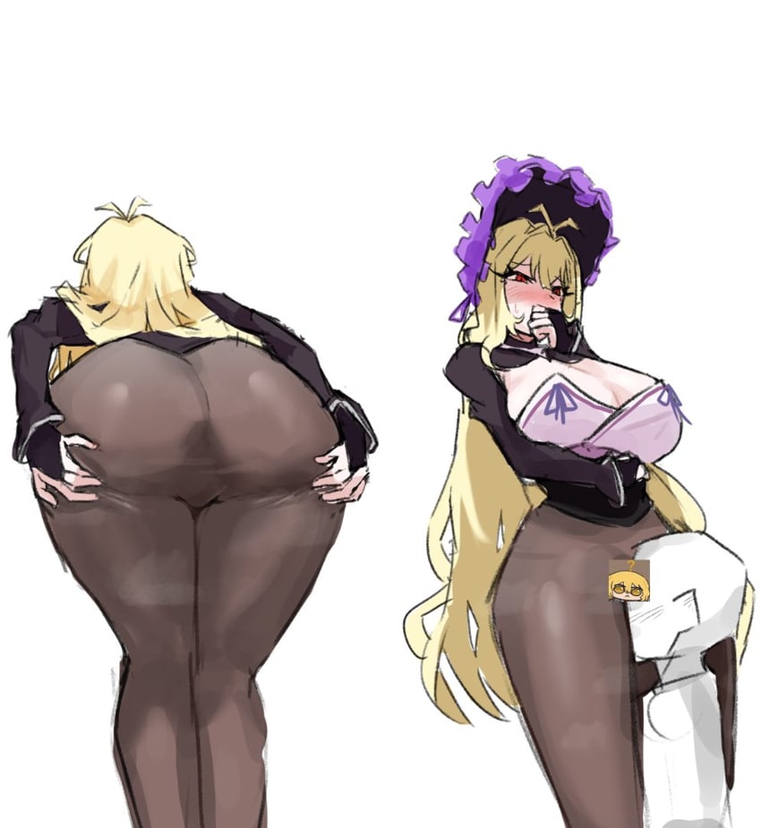 2d, 2d (artwork), 2d artwork, anon, anonymous character, anonymous male, antenna hair, ass, ass focus, ass up, big ass, black shoes, black shrug, blank background, blonde female, blonde hair, blonde hair female, blonde pubic hair, blonde-haired female, blush, blush lines, blushed face, blushing at viewer, blushing female, booty, booty focus, booty up, butt focus, butt up, cat nip, closed mouth, clothed, clothed ass, clothed female, dulcinea (limbus company), face in pussy, face on pussy, female, full body, high heels, limbus company, long hair, looking at another, looking at viewer, looking back, male, no background, pantyhose, presenting, presenting ass, presenting butt, project moon, pussy, red eyes, shoes, shrug (clothing), simple background, skirt, spreading, spreading ass, spreading butt cheeks, spreading cheeks, standing, tagme, thick thighs, thighs, unworn skirt, white background