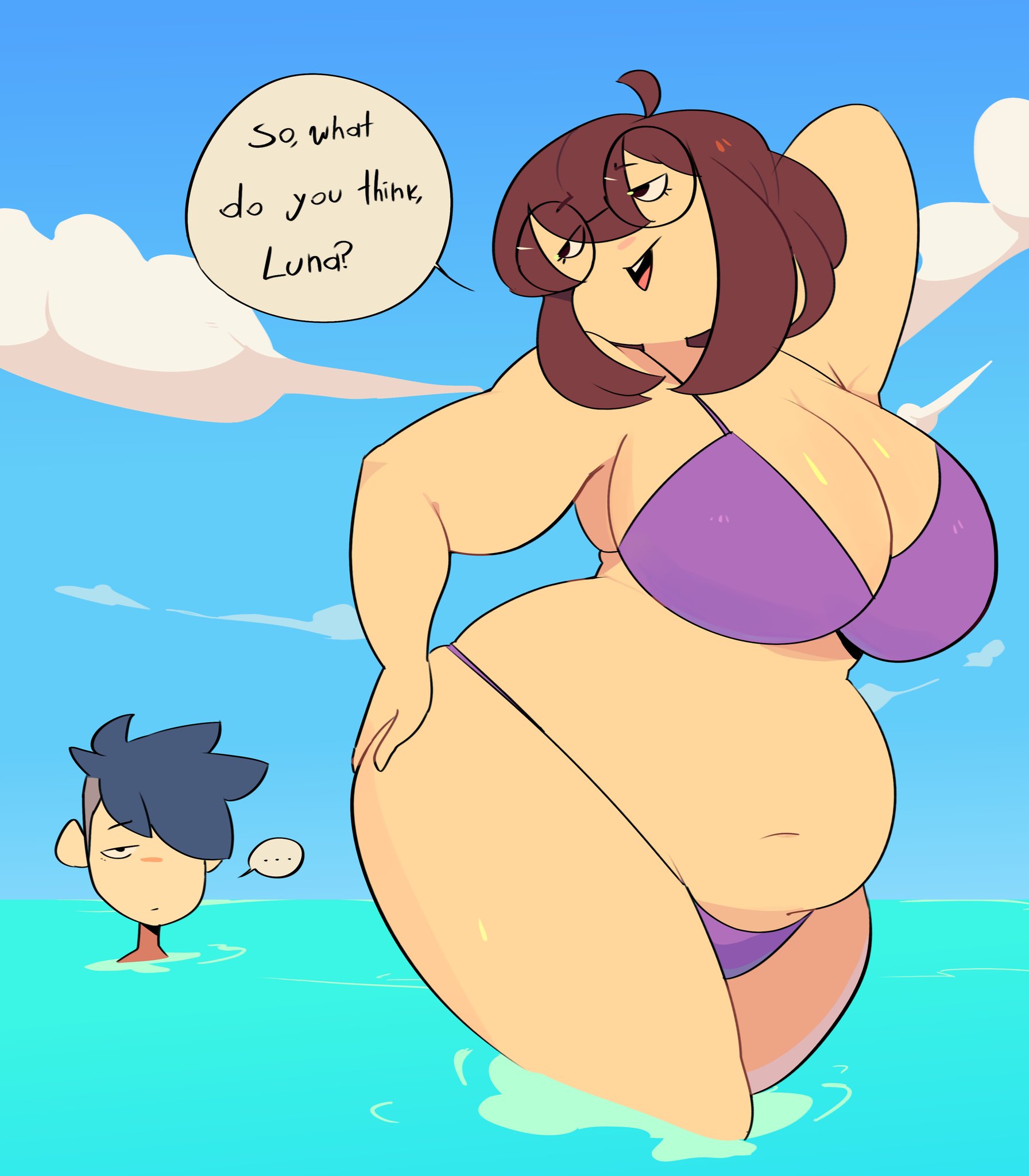 2girls, ahoge, background, beach, bikini, black hair, boobs, boss (thelittlenerdys), breasts, buckteeth, cannon, chubby, chubby female, cloud, elwilsjeje, female, glasses, hair covering eye, hair over one eye, luna (thelittlenerdys), nerd, nerdy, nerdy female, ocean, partially clothed, short hair, shortstack, sky, speech bubble, text, thick thighs, thighs, water, welsdumps, wife and wife, yuri