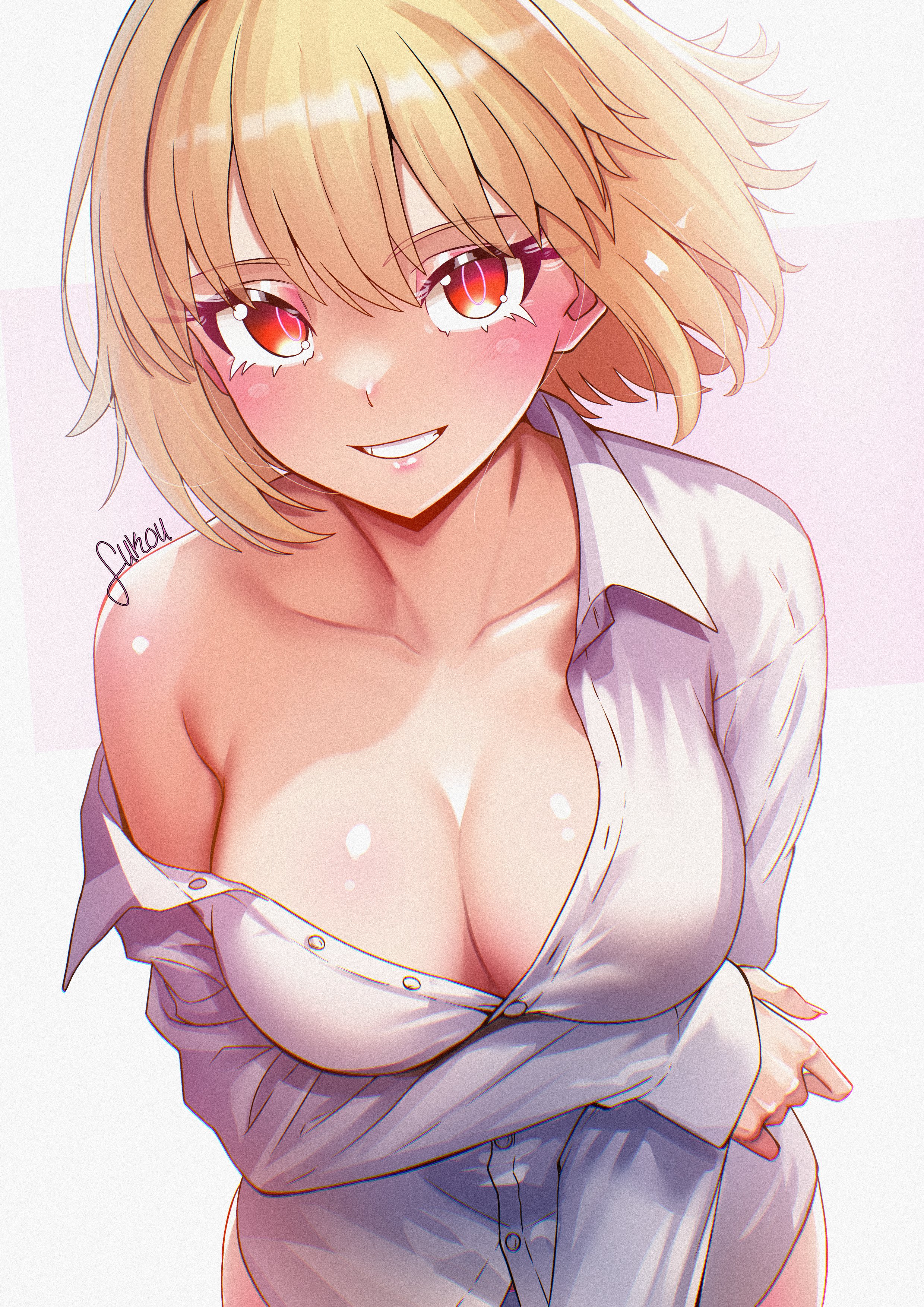 absurdres, arcueid brunestud, blonde hair, breasts, cleavage, collarbone, commentary, english commentary, female, fukou, highres, large breasts, looking at viewer, no pants, panties, red eyes, shirt, short hair, simple background, smile, solo, tsukihime, underwear, white background, white panties, white shirt