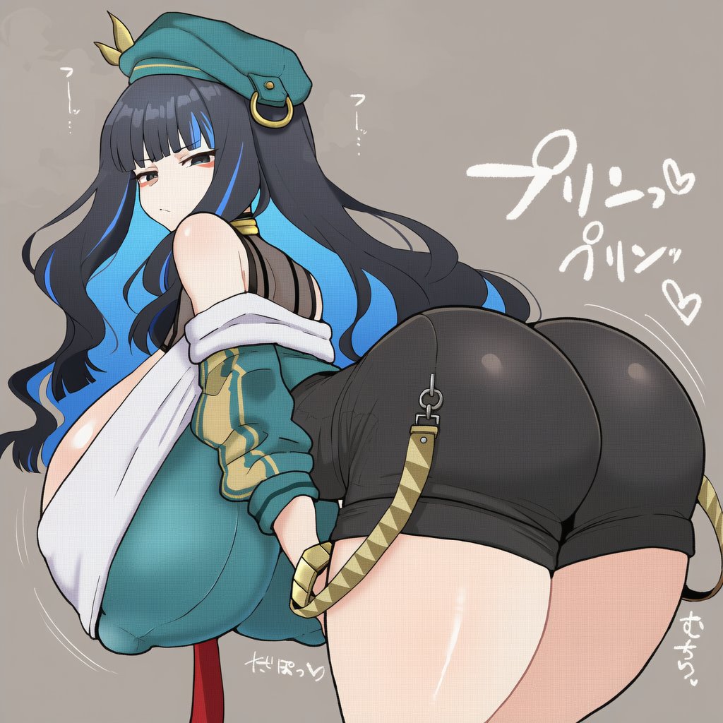 1girls, ass, ass focus, big ass, big breasts, black hair, blue hair, booty shorts, breasts, fate (series), fate/grand order, female, female only, grey eyes, huge ass, huge breasts, light-skinned female, looking at viewer, looking back, multicolored hair, nipple bulge, nipples, shorts, solo, tenochtitlan (fate), thick thighs, tlaloc (fate)