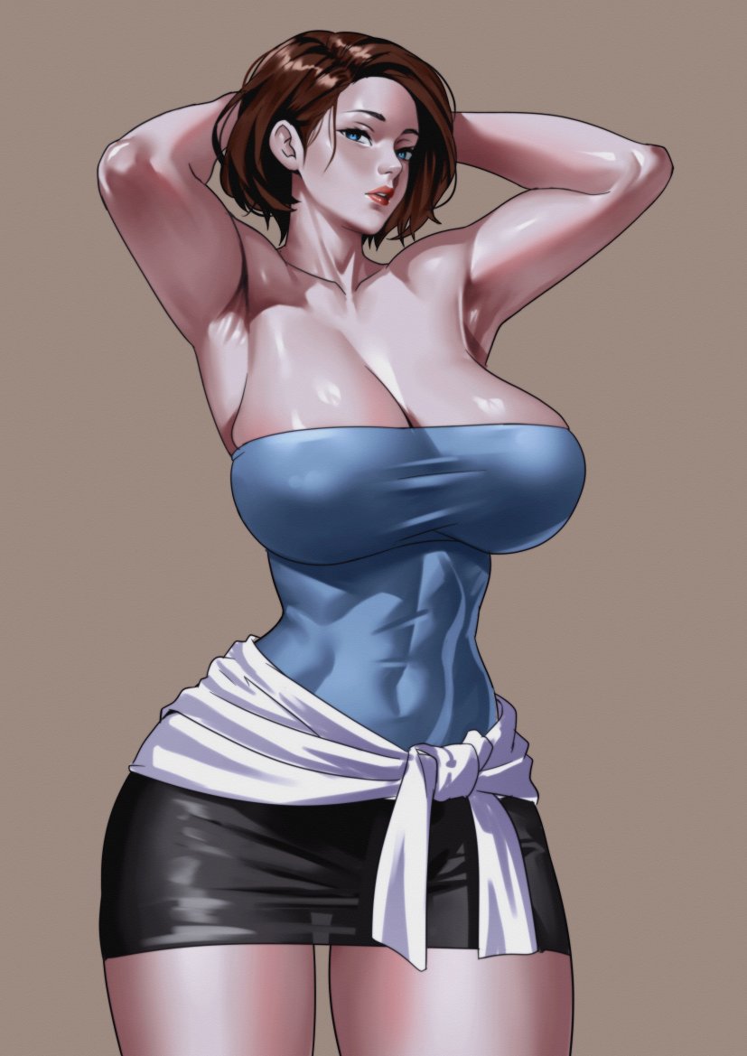 armpits, arms behind head, arms up, blue eyes, blue tube top, breasts, brown hair, cleavage, clothes around waist, female, female only, jill valentine, large breasts, looking at viewer, midriff, police, police uniform, policewoman, presenting armpit, resident evil, short hair, skirt, small head, solo, strapless, sweater, sweater around waist, tube top, tubetop, zinfian
