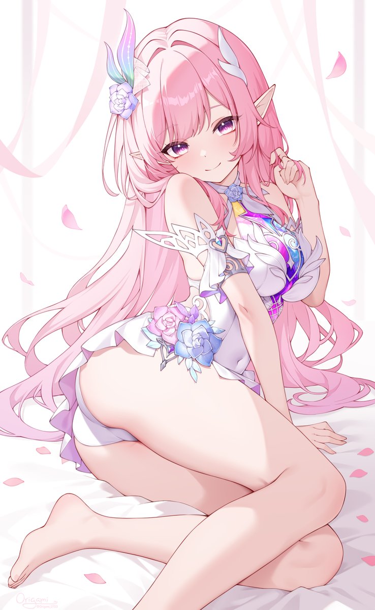 1girls, ass, cyrene (honkai: star rail), cyrene (ripples of past reverie) (honkai: star rail), demiurge (honkai: star rail), female, honkai: star rail, hoyoverse, long hair, mihoyo, on bed, origami0703, pink eyes, pink hair, underwear, upskirt, white underwear