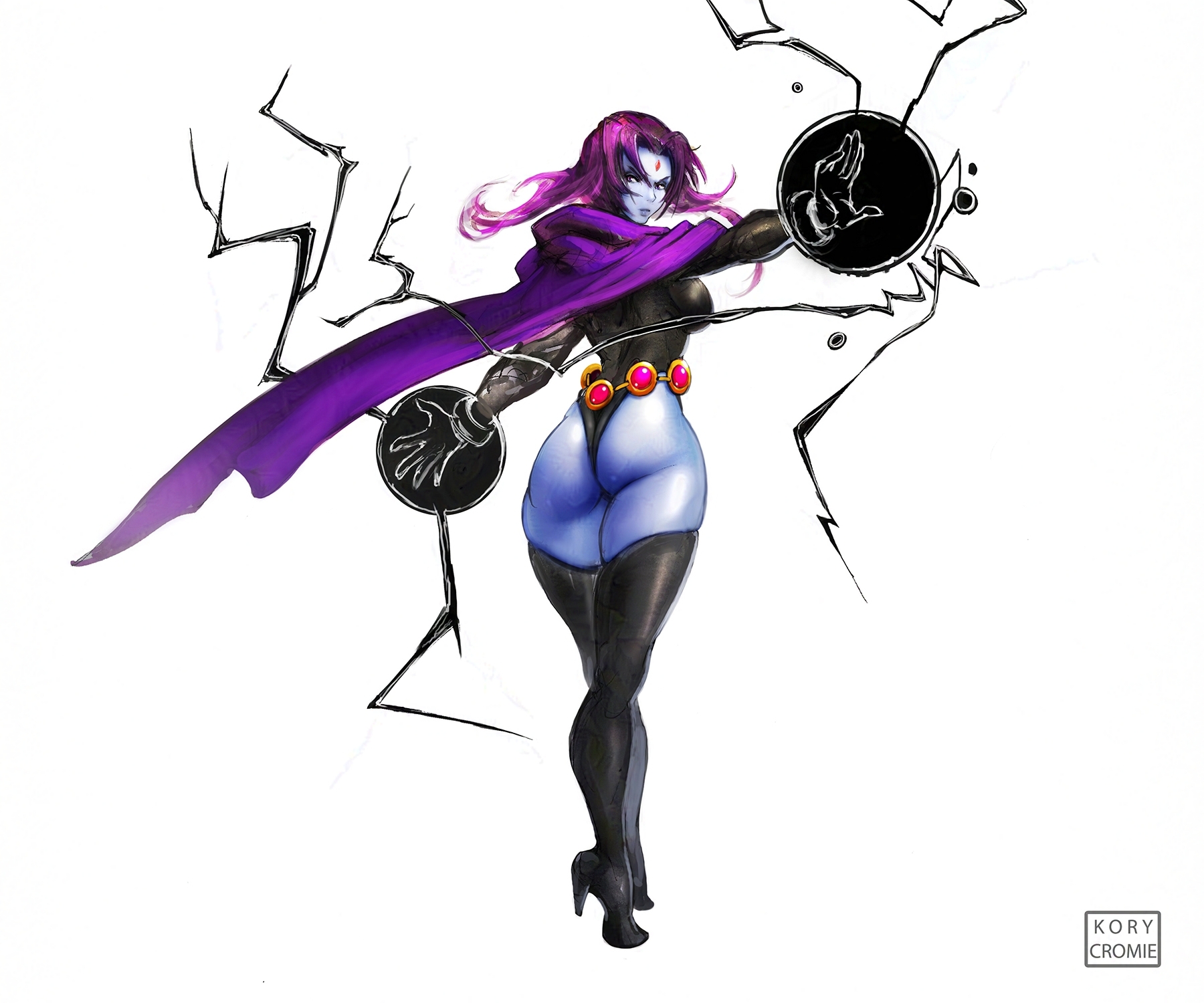 1girls, ass, ass focus, big ass, big breasts, breasts, cape, clothed, clothed female, clothing, dc, dc comics, female, female only, heels, kory cromie, leotard, long hair, purple hair, raven (dc), solo, solo female, teen titans, thick thighs, thighhighs, thighs, tight clothing, tight fit, watermark