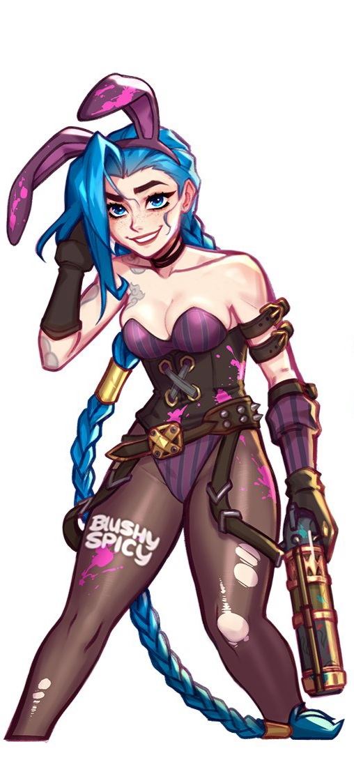 1girls arcane_jinx armwear artist_logo artist_name artist_signature bare_shoulders blue_eyes blue_hair blushypixy blushyspicy breasts bunny_ears bunny_girl bunnysuit choker clothed clothing cropped_image cute detached_sleeves digital_media_(artwork) eyebrows eyelashes female female_focus female_only gun hair holding_gun holding_hair holding_object holding_weapon human human_only jinx_(league_of_legends) league_of_legends legwear light-skinned_female long_hair looking_at_viewer mammal part_of_a_set riot_games small_breasts smile smiling smiling_at_viewer solo solo_female solo_focus standing torn_clothing torn_legwear upper_body variant very_long_hair video_game_character watermark