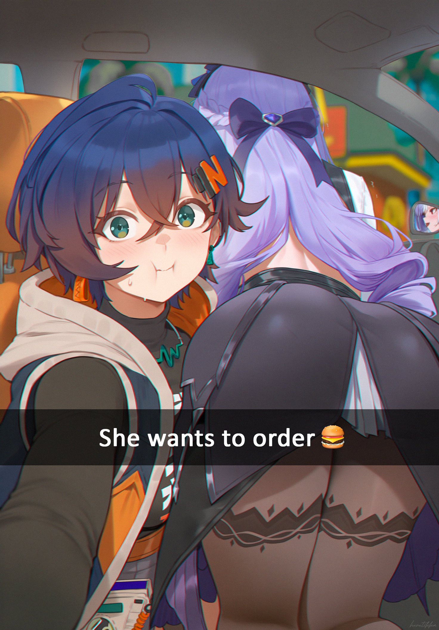:i, 2girls, ai generated, ass, belle (zenless zone zero), big ass, blue hair, car, clothed, clothing, female, heretikka, hoyoverse, light skin, light-skinned female, looking at viewer, purple hair, she wants to order, sitting, sweatdrop, text, thick thighs, vivian banshee, zenless zone zero