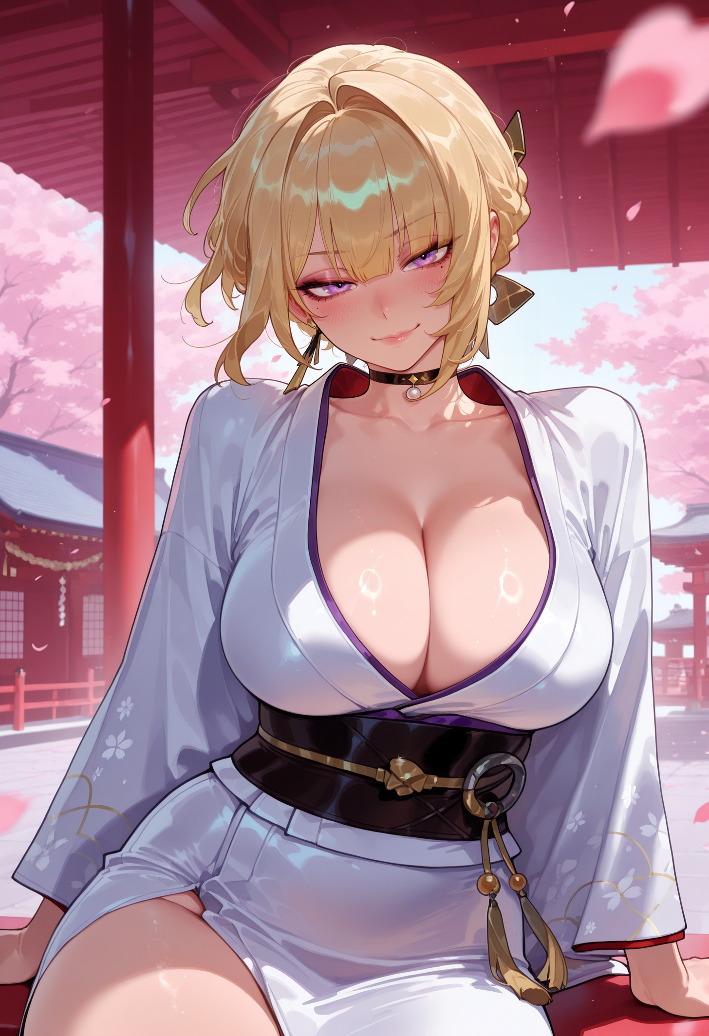 1girls, ai generated, architecture, arm support, balecxi, bangs, black choker, blonde hair, blush, breasts, cherry blossom, cherry blossoms, choker, cleavage, closed mouth, clothing, collarbone, curvaceous, curvaceous female, curvaceous figure, curvy, curvy figure, earrings, east asian architecture, evelyn chevalier, falling petals, female, female focus, female only, hair intakes, hair ornament, inviting, japanese clothes, jewelry, kimono, large breasts, long sleeves, looking at viewer, obi, outdoors, petals, presenting, presenting ass, presenting breasts, presenting hindquarters, presenting self, purple eyes, robe, sash, seductive, seductive look, seductive smile, short hair, sitting, smile, solo, tassel, thighs, traditional clothes, voluptuous, voluptuous female, wafuku, white kimono, wide sleeves, zenless zone zero