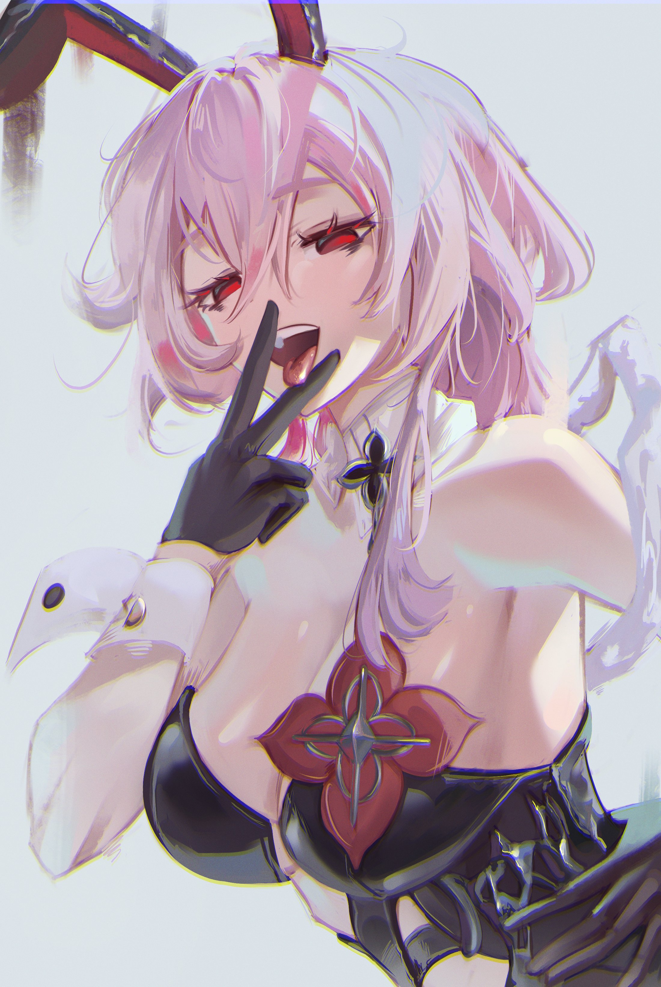 1girls, black bunnysuit, bunny ears, bunnysuit, evernight (honkai: star rail), exposed pussy, female, honkai: star rail, hoyoverse, long hair, march 7th (honkai: star rail), mihoyo, peace sign, pink hair, pussy, red eyes, waffle.404