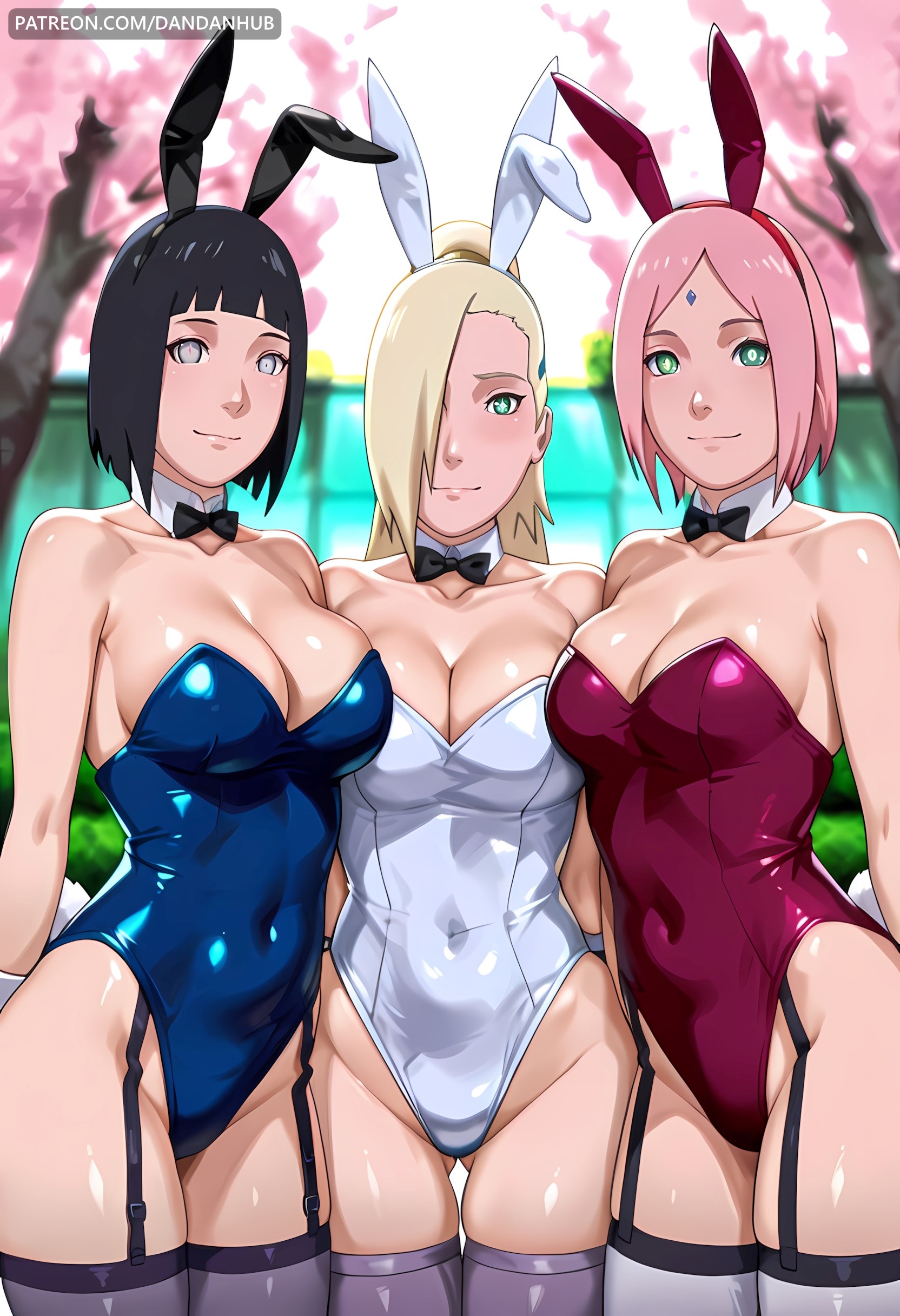 3girls, ai generated, animal ears, ass visible through thighs, bangs, bare shoulders, black bow, black bowtie, black eyes, black hair, blonde hair, blue leotard, blunt bangs, blurry, blurry background, boruto: naruto next generations, bow, bowtie, breasts, cherry blossoms, cleavage, closed mouth, collarbone, covered navel, dandanhub, detached collar, facial mark, fake animal ears, female, female only, forehead mark, garter straps, green eyes, grey eyes, hair over one eye, haruno sakura, highleg, highleg leotard, hyuuga hinata, ino yamanaka, large breasts, leotard, long hair, looking at viewer, mature female, medium breasts, multiple females, multiple girls, naruto, naruto (series), naruto shippuden, pink hair, ponytail, rabbit ears, rabbit tail, red leotard, sakura haruno, sakura uchiha, shiny, shiny clothes, shiny skin, short hair, smile, strapless, strapless leotard, tail, thigh gap, thighhighs, uchiha sakura, uzumaki hinata, white leotard, wrist cuffs, yamanaka ino