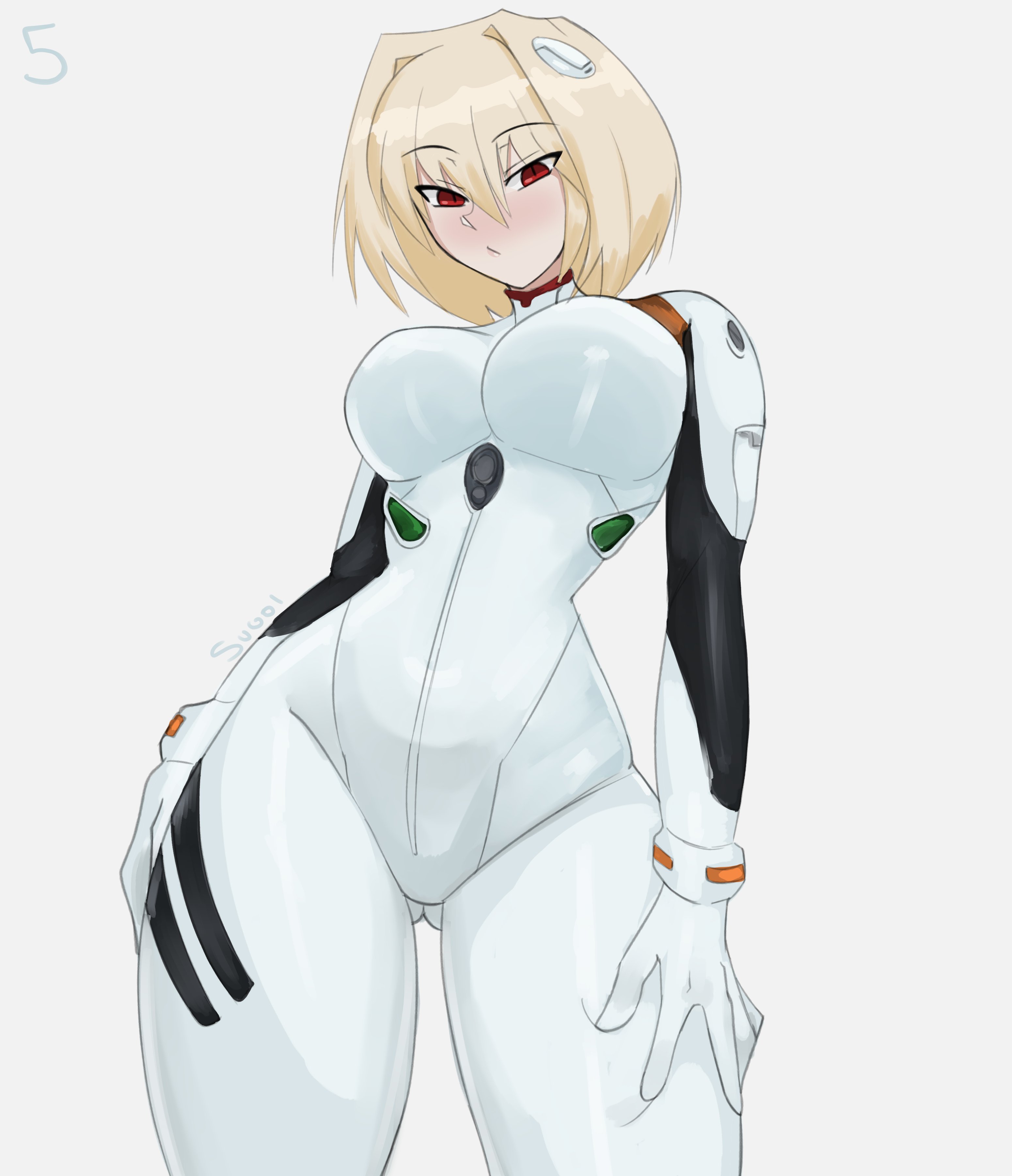 1girls, absurdres, arcueid brunestud, ass visible through thighs, ayanami rei, big breasts, blonde hair, blush, bodysuit, breasts, clothing, cosplay, female, female only, full body, hair between eyes, hand on own hip, hand on own thigh, highres, huge breasts, human, large breasts, looking at self, mecha pilot suit, neon genesis evangelion, nonsexual, pale skin, plugsuit, plugsuit (evangelion), red eyes, rei ayanami, rei ayanami (cosplay), short hair, sugoiiii , thighhighs, tsukihime, underboob, white bodysuit, wide hips