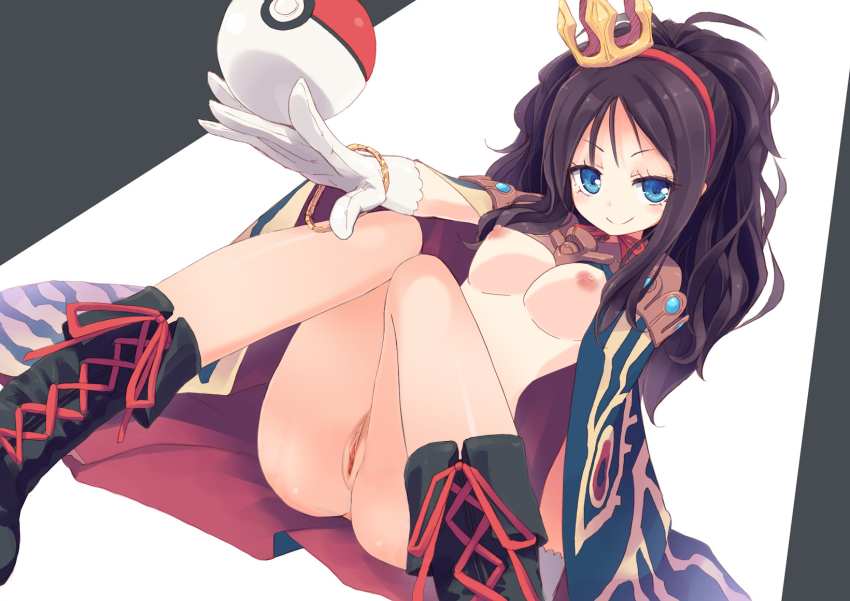 areolae, blue eyes, boots, breasts, brown hair, crown, female, female only, hilda (pokemon), homura subaru, human, laced boots, long hair, looking at viewer, naked footwear, nipples, nude, poke ball, pokemon, pussy, sitting, smile, solo, uncensored