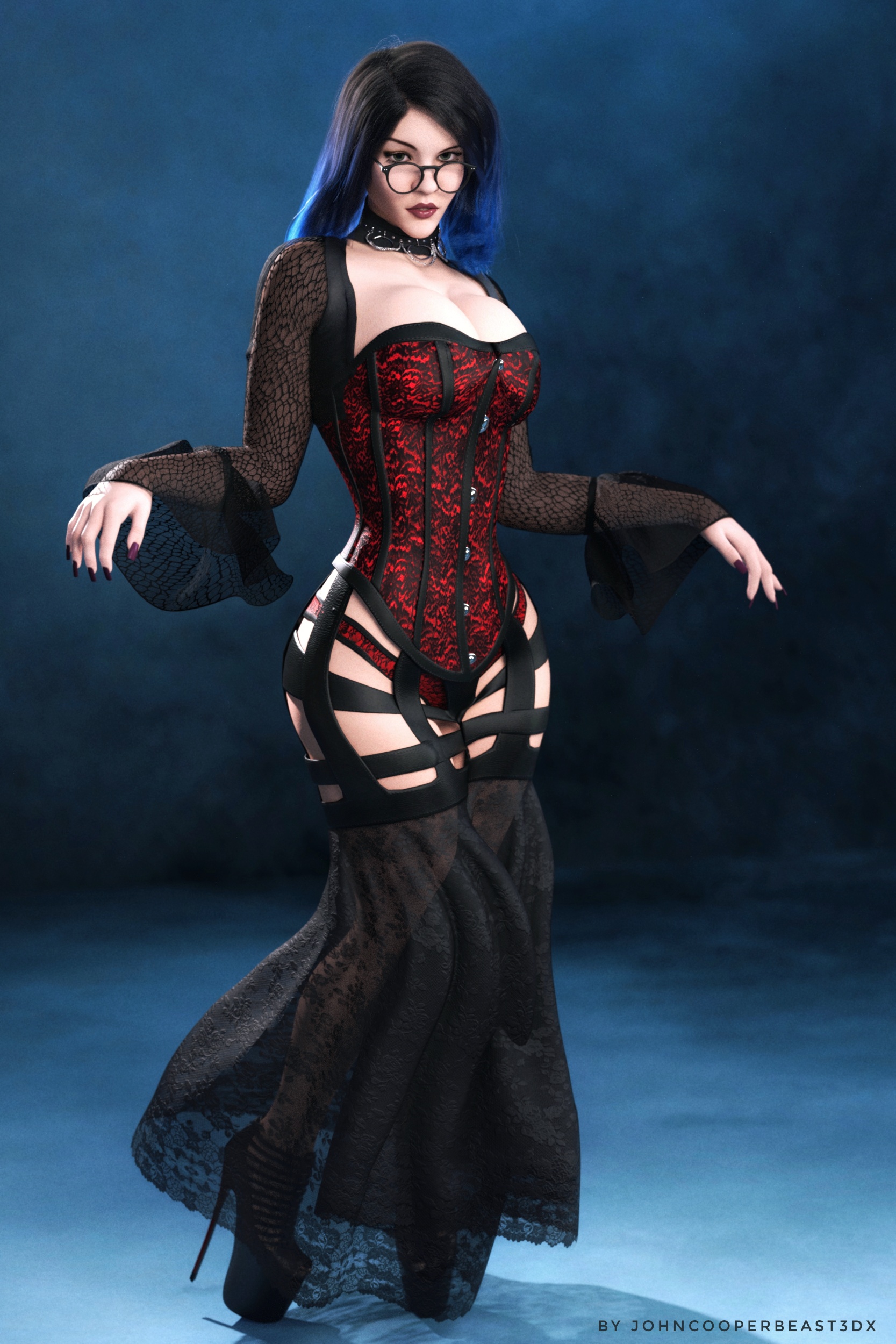 3d, 3d (artwork), ally jcbst3dx, big ass, big breasts, big tiddy goth gf, black hair, blue hair, breasts, choker, clothed, clothed female, collar, corset, corset dress, curvy, curvy body, curvy female, curvy figure, curvy hips, curvy thighs, daz studio, daz3d, dressed, eastern european, european female, female, glasses, goth, goth girl, goth makeup, green eyes, high heels, hourglass figure, jcbst3dx, johncooperbeast3dx, lace corset, lace-trimmed panties, long dress, long fingernails, long sleeves, non nude, original, original character, pale skin, pale-skinned female, posing for picture, posing for the viewer, realistic, realistic proportions, russian female, safe for work, see-through clothing, semi-transparent, sfw, sfw version, straight hair, tight clothes, tight clothing, tight corset, victorian
