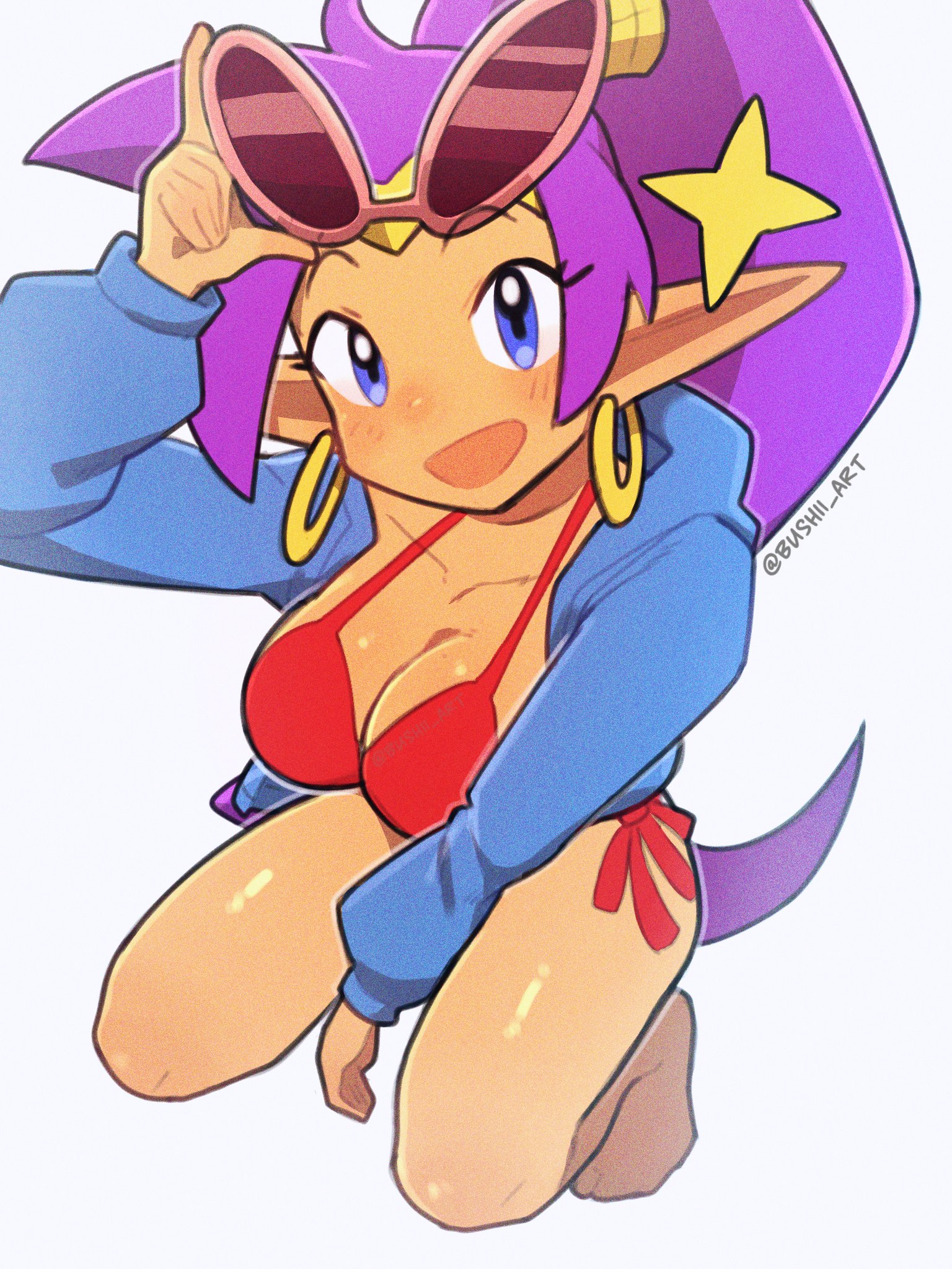 1girls, big breasts, bikini, bikini bottom, bikini top, blue eyes, bottomwear, breasts, bushii (bo0xhy), cleavage, ear piercing, earrings, feet, female, female only, hair, headwear, hoop earrings, pointy ears, ponytail, purple hair, red bikini, shantae, shantae (character), smile, solo, solo female, star, sunglasses, sunglasses on head, swimwear, thighs, tied hair, topwear