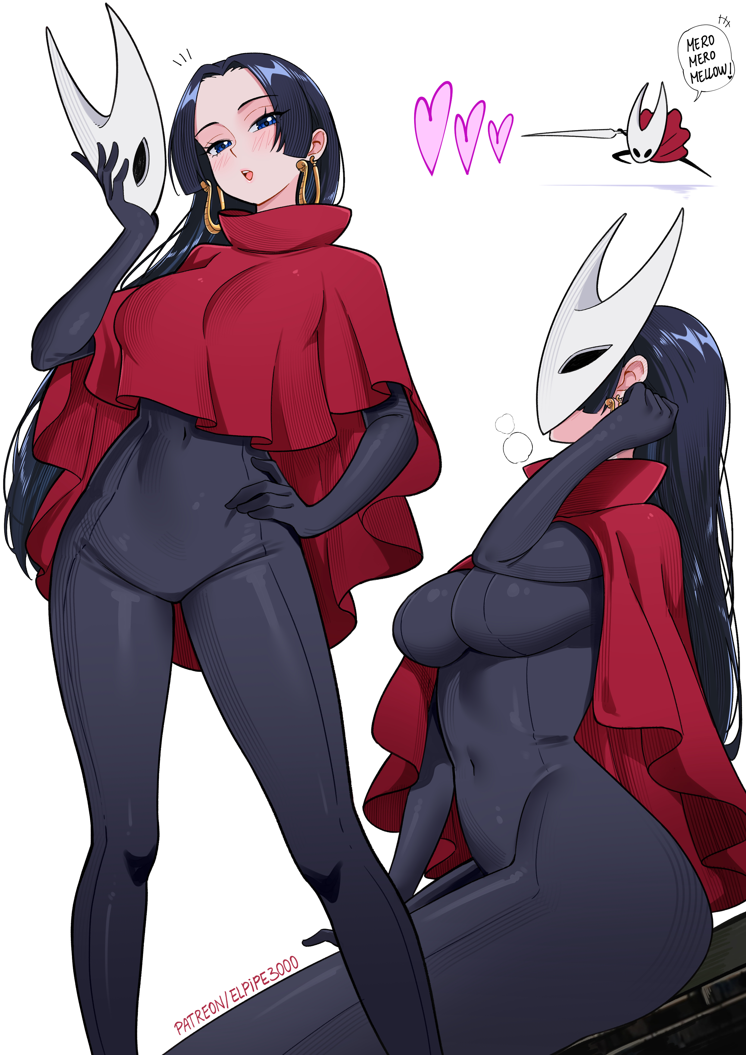 1girls, absurdres, black bodysuit, black hair, black-haired female, blue eyes, blush, boa hancock, bodysuit, breasts, cape, clothing, cosplay, crossover, crossover cosplay, earrings, elpipe 3000, elpipe3000, female, female only, heart, highres, hollow knight, hornet (hollow knight), hornet (hollow knight) (cosplay), jewelry, large breasts, long hair, multiple views, one piece, open mouth, red cape, simple background, sitting, snake earrings, standing, white background, white mask