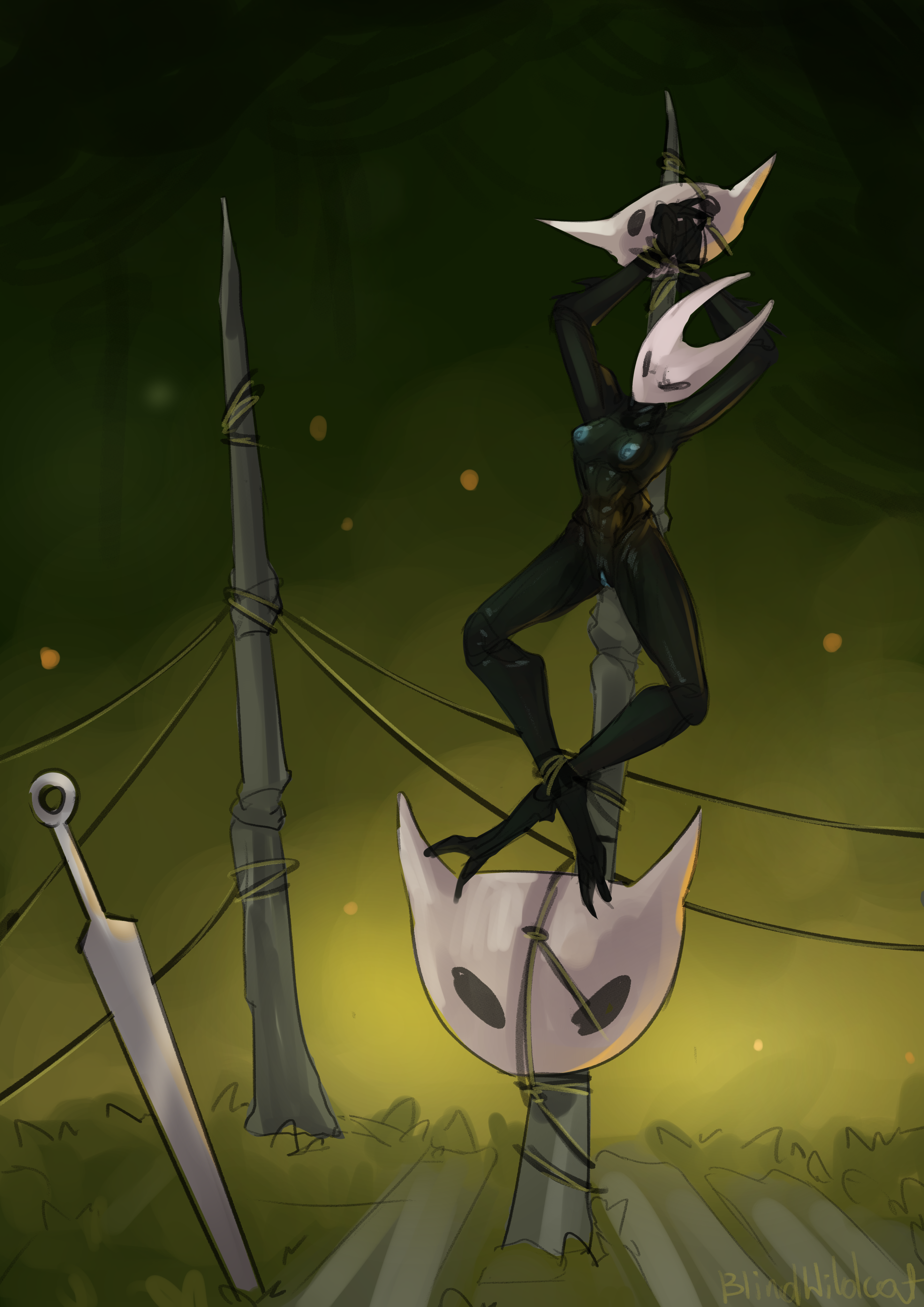 angry expression, black body, blindwildcat, bondage, bound to pole, captured, captured heroine, female, hollow knight, hollow knight (franchise), hollow knight: silksong, hornet (hollow knight), mask, masked female, naked, naked female