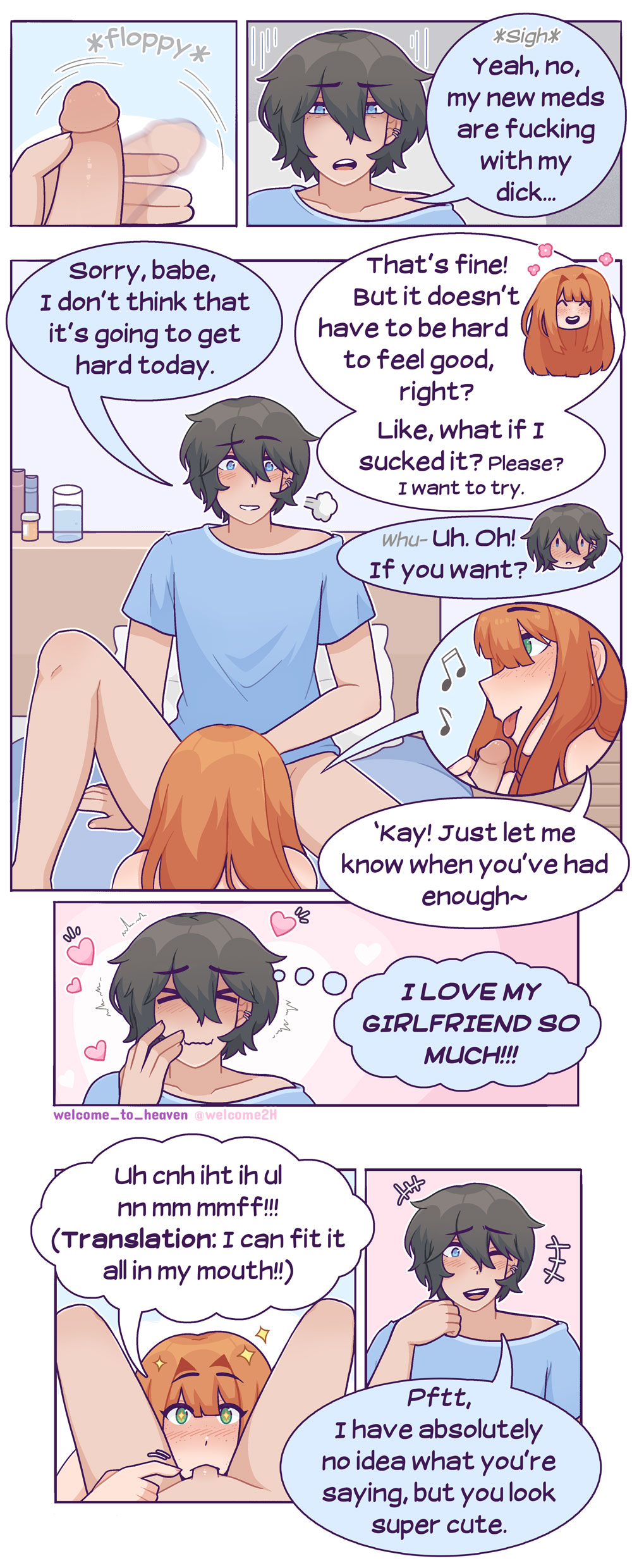 >w<, 1boy1girl, bedroom, between legs, blowjob, blue eyes, blush, bottomless, erectile dysfunction, fellatio, female, flaccid, flaccid penis, flaccid while sucking, floppy cock, flustered, ginger hair, green eyes, grey hair, heart, hearts around head, indoors, licking penis, light-skinned female, light-skinned male, male, medication, oral, oral sex, partially clothed, penis, romantic ambiance, romantic couple, sparkling eyes, straight, sucking penis, welcome to heaven, wholesome, wholesome end