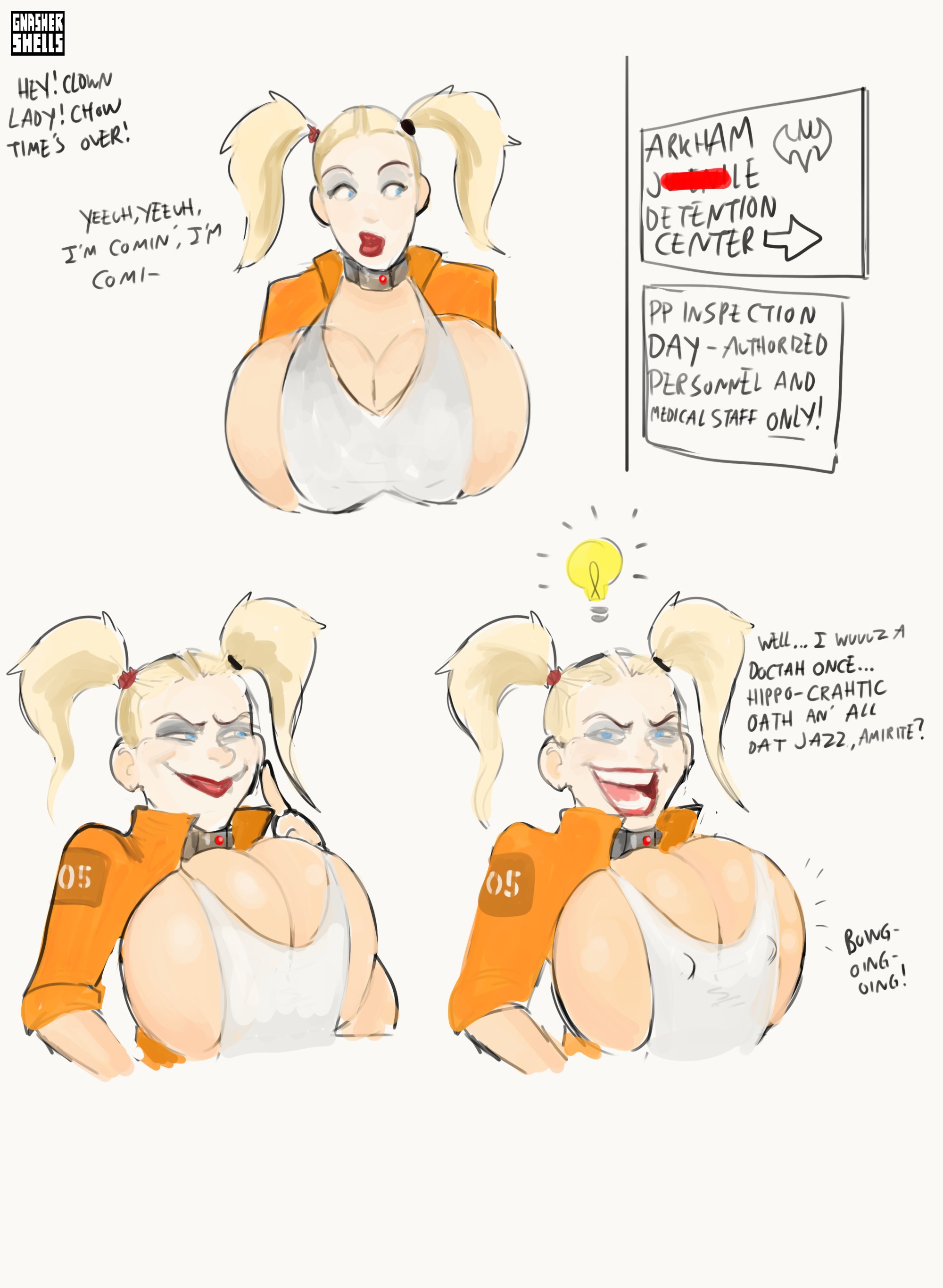 batman (series), big breasts, bimbo, bimbo body, bimbo breasts, blonde hair, blue eyes, breasts, breasts almost out, breasts visible through shirt, cleavage, collar, dc, dc comics, english text, erect nipples, female, gnashershells, harley quinn, huge boobs, huge breasts, idea bulb, large breasts, male, massive breasts, penis, plotting, prison uniform, red lips, red lipstick, seeking penis, shock collar, short hair, short twintails, sneaky, speech line, text