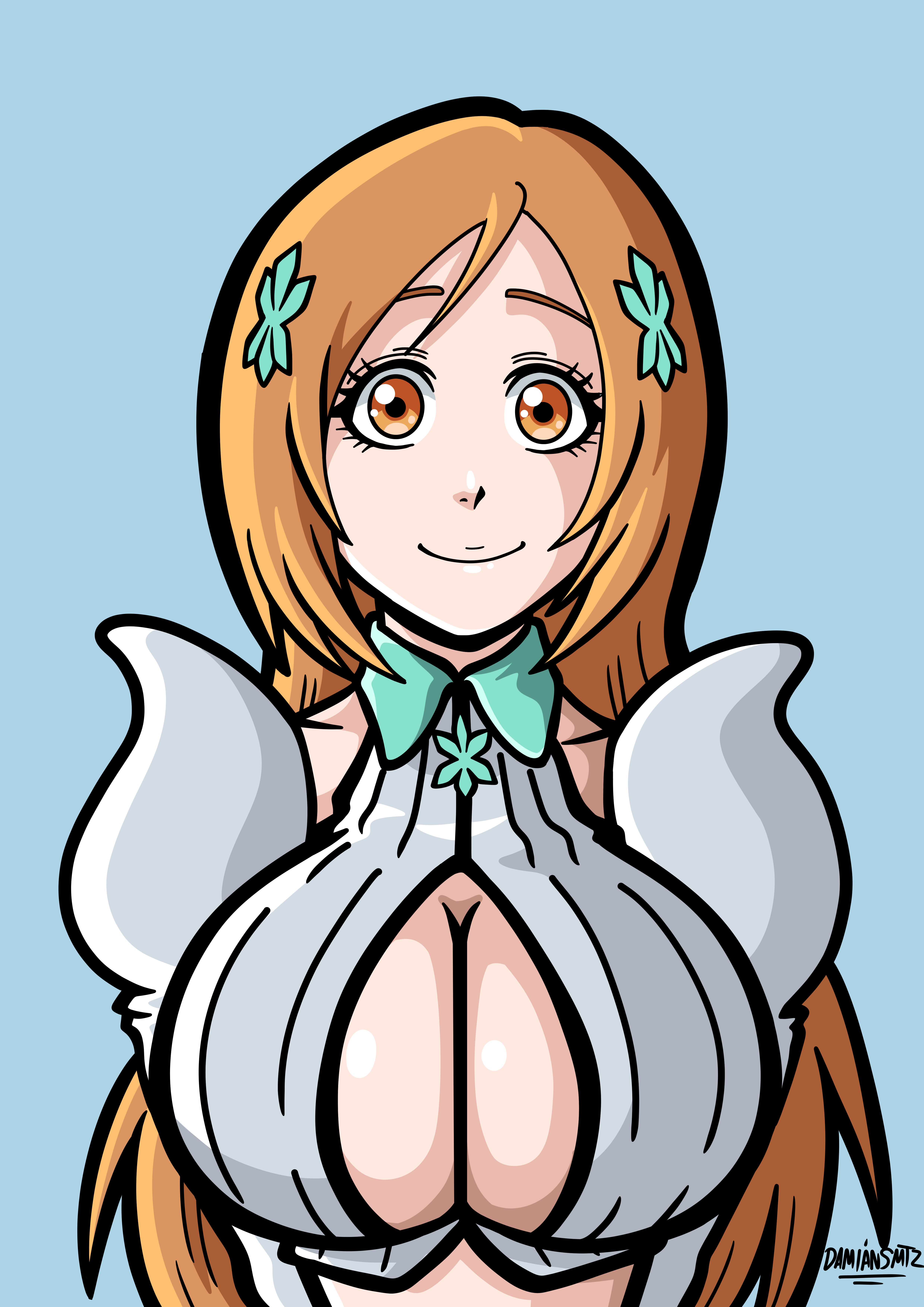about to burst, barely contained, barely contained breasts, barely fits, big breasts, bleach, bleach: sennen kessen-hen, bleach: the thousand-year blood war, breast, breasts, breasts bigger than head, breasts too big, bursting breasts, cute face, cute smile, damiansmtz, dress, fullbringer, imminent wardrobe malfunction, inoue orihime, long hair, low cut dress, neckline, orange eyes, orange hair, smile, smiley face, smiling, smiling at viewer, straining clothing, tight clothes, tight clothing, tight fit, too tight, undersized clothes, undersized clothing, white clothing, white dress