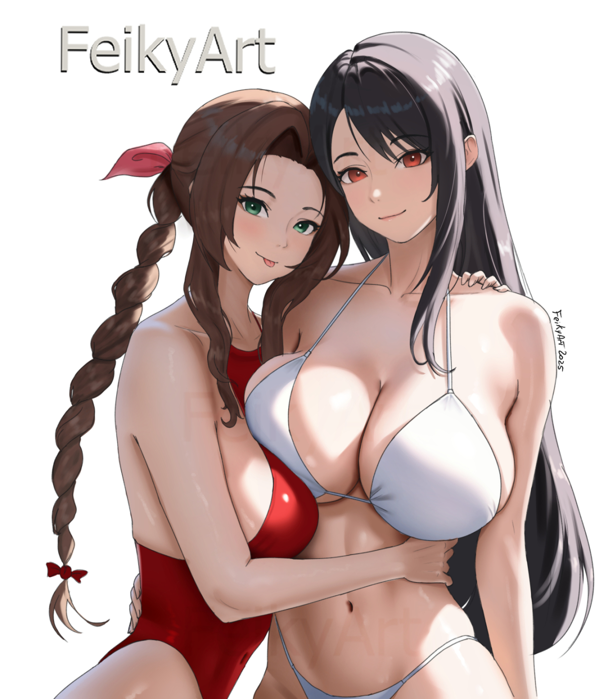 2girls, aerith gainsborough, black body, breasts, breasts squish, brown hair, feikyart, female, final fantasy, final fantasy vii, final fantasy vii remake, green eyes, long hair, ponytail, red eyes, red swimwear, swimsuit, tifa lockhart, white swimsuit