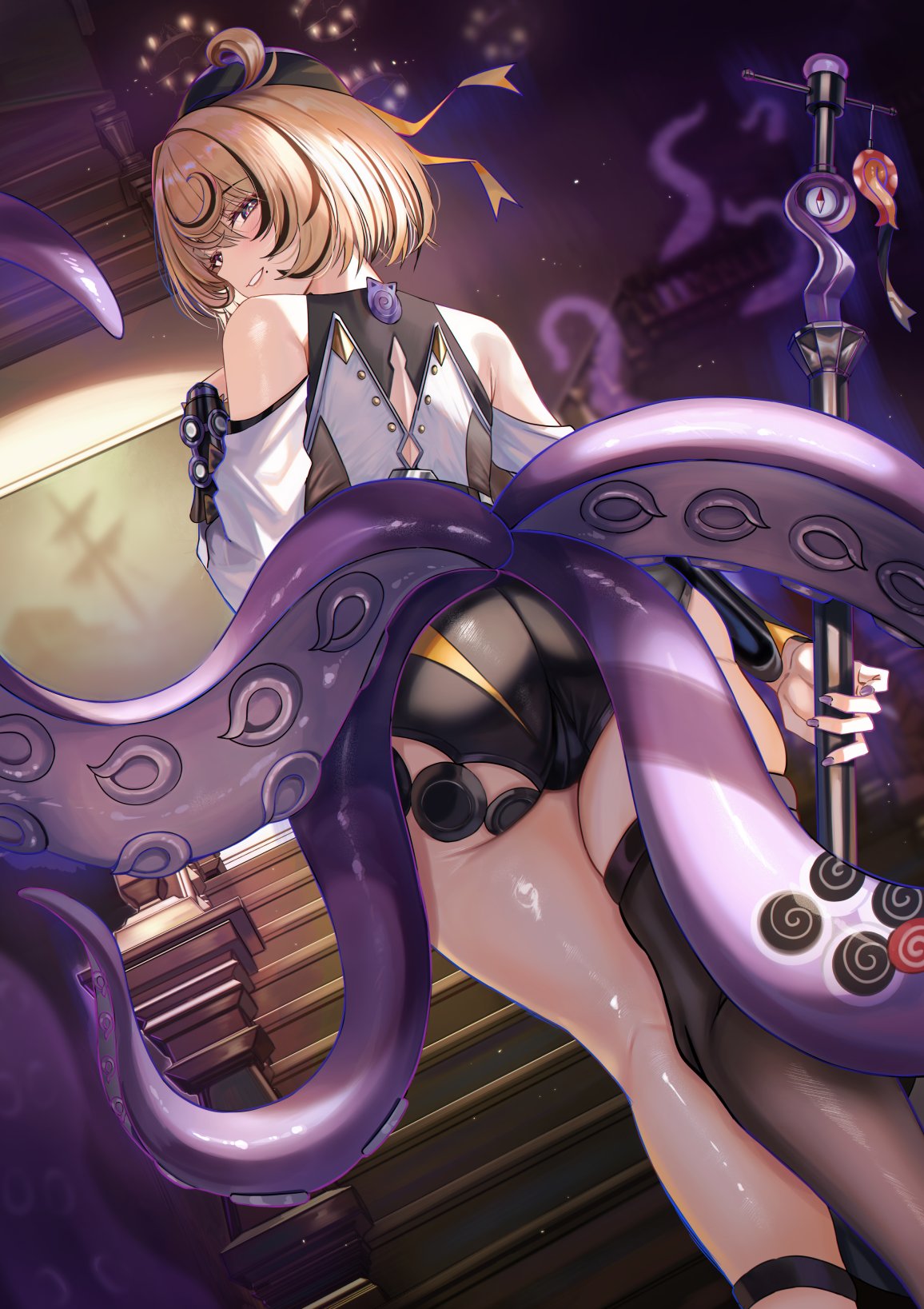 1girls, ass, asymmetrical shorts, black hat, blonde hair, cameltoe, female, female only, hammer, hat, high-waist shorts, highres, mole, mole under mouth, monster girl, nicky w, short sleeves, shorts, single thighhigh, tentacle, tentacle tail, thighhighs, weapon, yidhari murphy, zenless zone zero