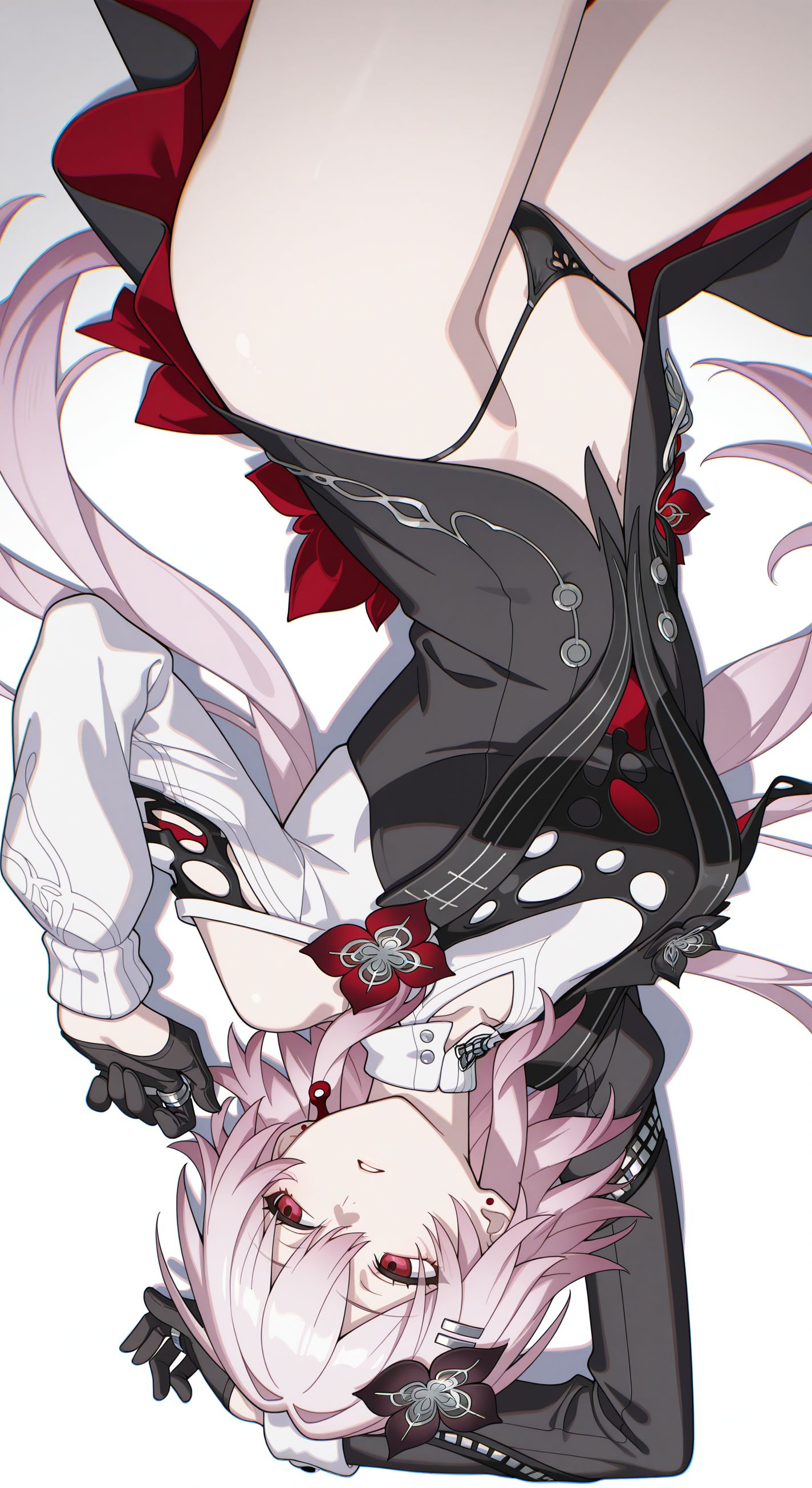 1girls, black panties, evernight (honkai: star rail), female, honkai: star rail, hoyoverse, kami kuro8, long hair, lying, march 7th (honkai: star rail), mihoyo, panties, pink hair, red eyes, white background