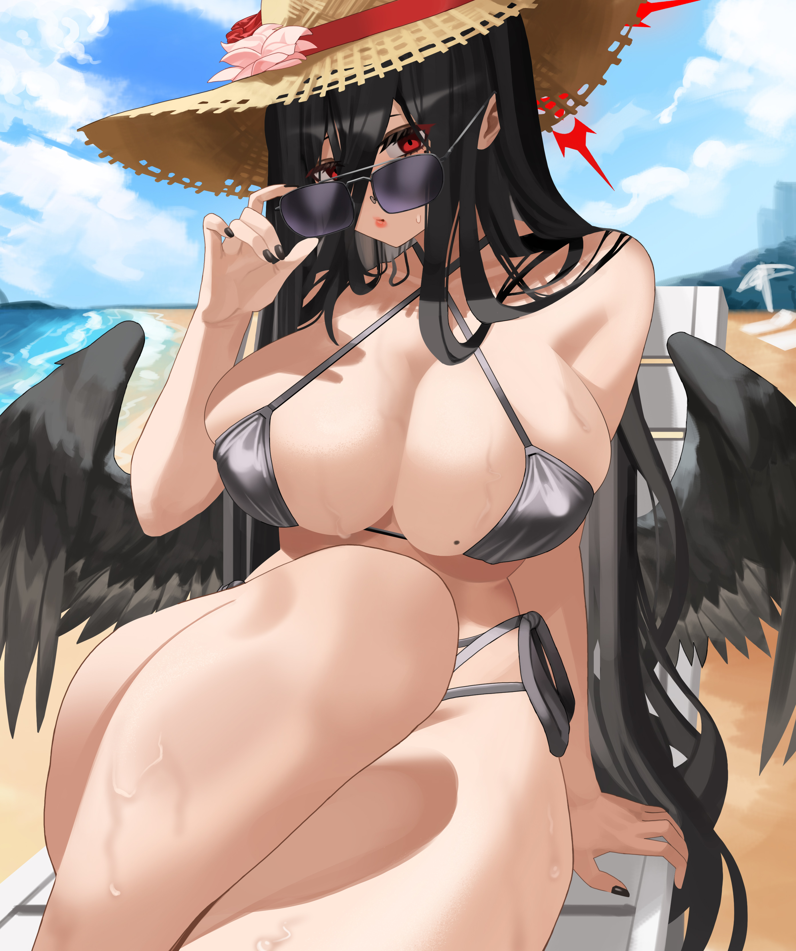 absurdres, bare shoulders, beach, bikini, black bikini, black hair, black nails, black-framed eyewear, blue archive, blue sky, breasts, cleavage, closed mouth, cloud, collarbone, day, ddog, eyelashes, feathered wings, female, flower, halo, halterneck, hasumi (blue archive), hat, hat flower, highres, huge breasts, long bangs, long hair, looking at viewer, low wings, micro bikini, mole, mole on breast, mole under eye, nail polish, ocean, outdoors, red eyes, side-tie bikini bottom, sitting, sky, solo, straw hat, string bikini, sunglasses, swimsuit, thighs, very long hair, wings
