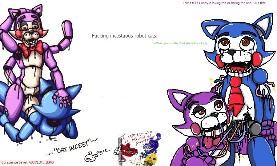 1boy 1boy1girl 1girls animatronic animatronics black_cum black_tears blue_body bow_tie bowtie brother brother_and_sister brown_eyes brown_eyes_female brown_eyes_male candy_(fnac) cindy_(fnac) cock cum damaged dick digital_drawing_(artwork) digital_media_(artwork) domestic_cat english_text fangame felid feline female five_nights_at_candy&#039;s five_nights_at_freddy&#039;s fnaf furry furry_only hand_on_head incest magenta_body male necktie nightmare_bonnie nightmare_chica_(fnaf) nightmare_foxy no-human no_breasts no_human no_humans oil oil_cum only_furry open_mouth penetration penis plain_background png red_bow_tie red_bowtie red_necktie red_tie riding_penis robot sex sibling siblings simple_background sister sister_and_brother stated_incest tail text tie two_tone_body unknown_artist white_background wire wire_play wireplay wires