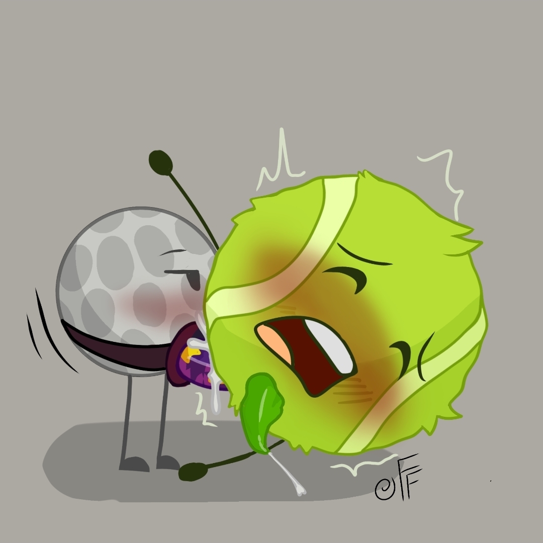 1boy, 1girls, ahe gao, anal sex, battle for dream island, bfdi, bfdia, blush, cum, cumming while penetrated, dildo, dominant female, female, fizzyfox (artist), golf ball (bfdi), male, messy hair, moaning, moaning in pleasure, object shows, orgasm, pegging, small dom big sub, strap-on, strapon, submissive male, tennis ball (bfdi), trembling, why did i make this