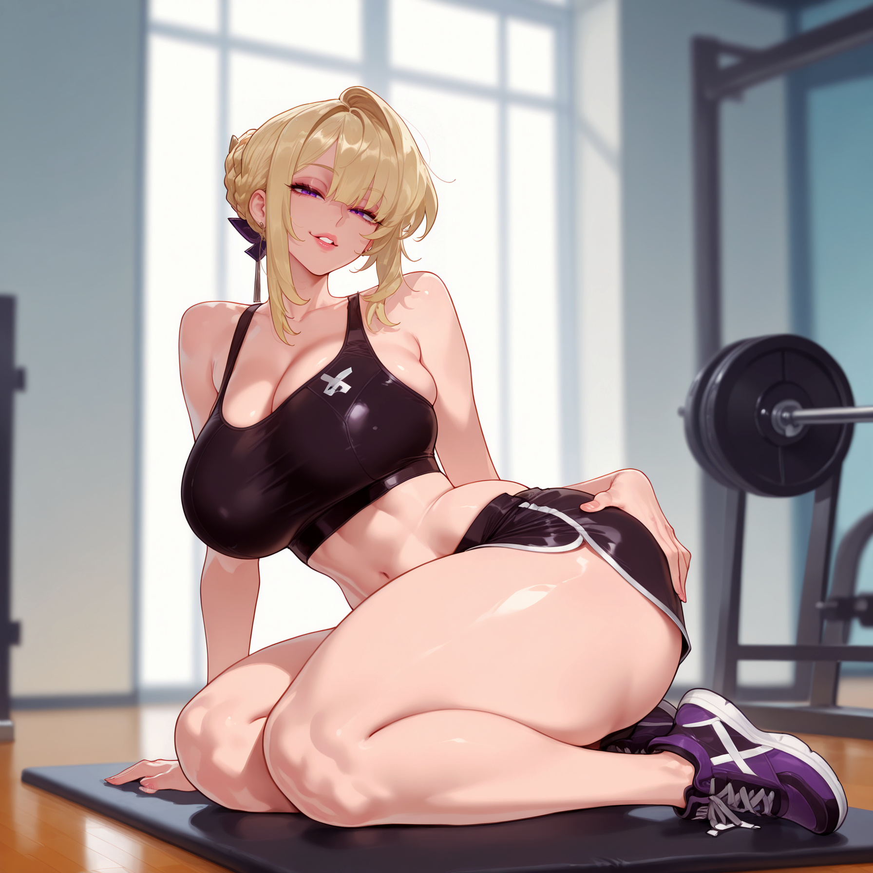 1girls, abs, ai generated, arm support, ass, balecxi, bangs, bare arms, bare shoulders, black clothes, black shorts, black sports bra, blonde hair, blush, bra, braid, breasts, clavicle, cleavage, clothing, crop top, curvaceous, curvaceous female, curvaceous figure, curvy, curvy figure, dolphin shorts, evelyn chevalier, female, female focus, female only, footwear, french braid, gym, gym clothes, gym uniform, hair bun, hair intakes, hair ornament, hair ribbon, hand on own ass, indoors, inviting, inviting to sex, large breasts, legs, lips, looking at viewer, makeup, midriff, navel, on floor, parted lips, ponytail, presenting, presenting ass, presenting breasts, presenting hindquarters, presenting self, purple eyes, purple footwear, ribbon, seductive, seductive look, seductive smile, shirt, shoes, short shorts, shorts, sidelocks, sitting, smile, sneakers, solo, sports bra, stomach, tank top, thick thighs, thighs, underwear, voluptuous, voluptuous female, window, wooden floor, zenless zone zero