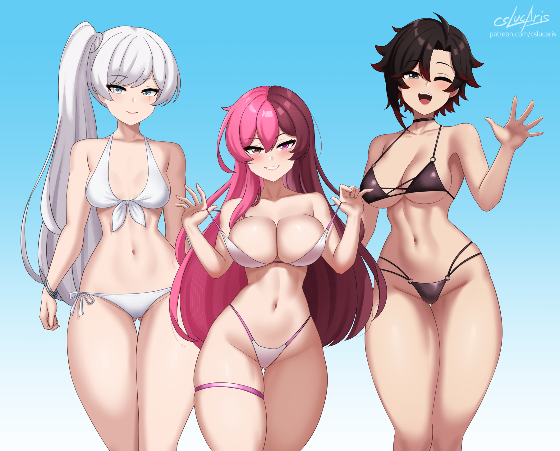 3girls, bikini, bikini bottom, bikini top, black hair, black hair female, blue eyes, breasts, cslucaris, different breast sizes, female, half naked, half-dressed, heterochromia, long hair, long hair female, multicolored hair, neo (rwby), red highlights, ruby rose, rwby, silver eyes, throuple, weiss schnee, white hair, white hair female