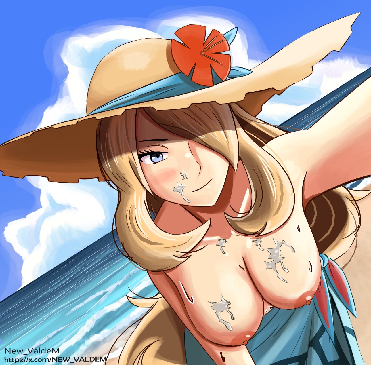 beach blonde_hair cum_on_breasts cum_on_face cynthia_(pokemon) long_hair nintendo pokegirl pokemon