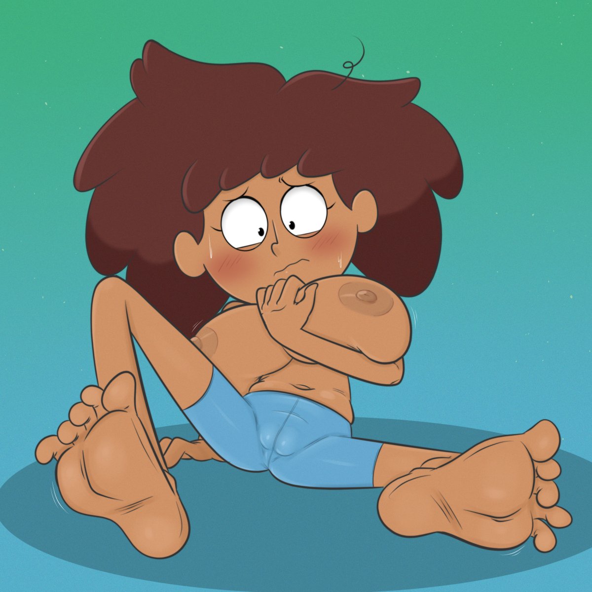 1girls, amphibia, anne boonchuy, areola, areolae, belly button, blush, braless, breasts, brown areola, brown areolae, brown hair, brown nipples, disney channel, feet, female, holding breast, large breasts, large tits, mindgasmyt, navel, nervous, nervous expression, nervous face, nipples, on back, puffy nipples, pussy, pussy bulge, pussy visible through clothes, shirtless, thai, tight clothing, tight pants, toe curl, toes