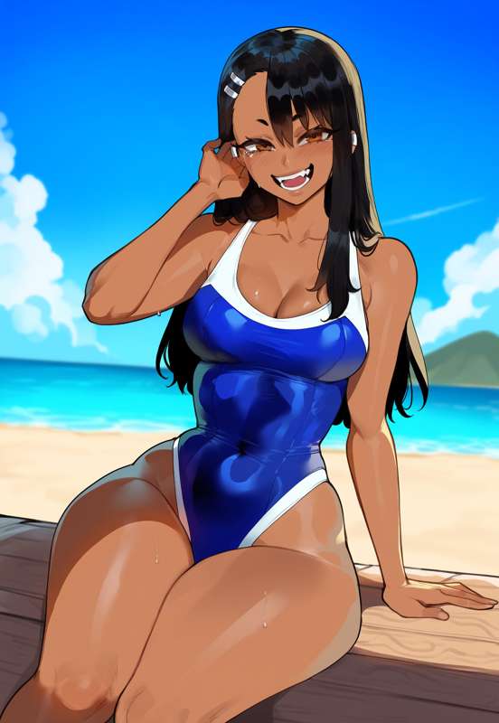 1girls, ai generated, beach, black hair, breasts, brown eyes, creamy ai, female, hair, hayase nagatoro, medium breasts, please don't bully me, nagatoro, solo, solo female, swimsuit, thick thighs, thighs