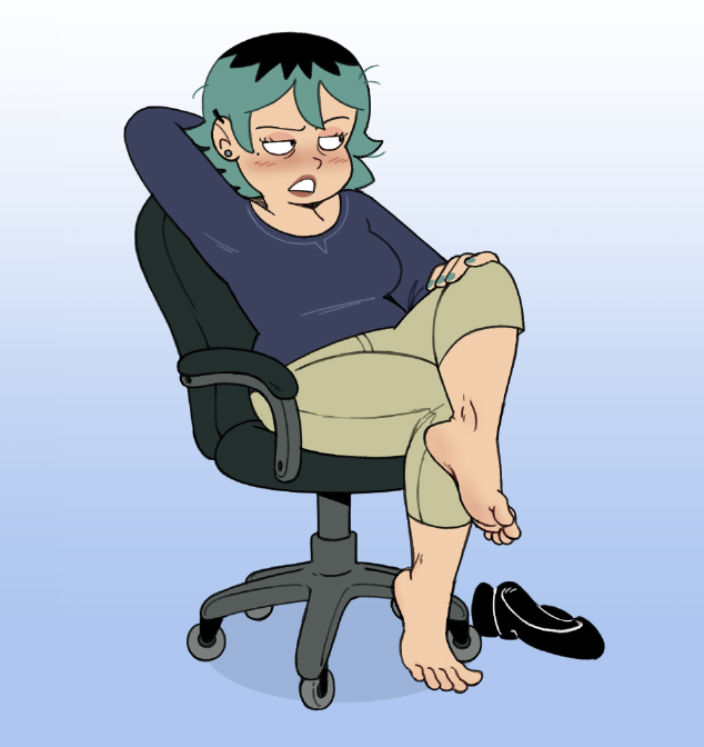 absurdres avoiding_eye_contact barefoot blush chubby chubby_female dyed_hair ear_piercing embarrassed_female feet female female_focus female_only flats_(shoes) foot_fetish foot_focus footwear_removed highres indie_animation mannysdirt mature_female miss_(pppidwtbamg) nail_polish nervous_female presenting_feet pretty_pretty_please_i_don&#039;t_want_to_be_a_magical_girl shoes_off shoes_removed showing_feet teacher toes