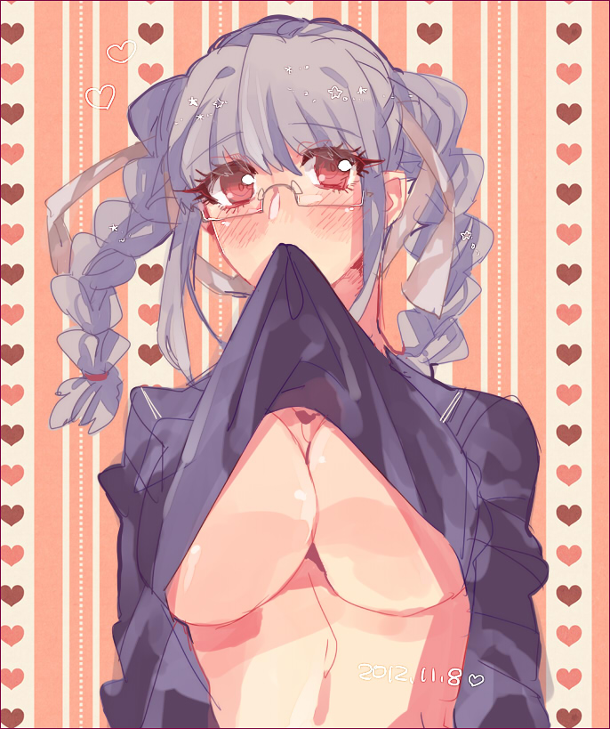 1girls, 2012, big breasts, biting clothes, blush, breast focus, breasts, busty female, busty teenager, danganronpa, danganronpa 2: goodbye despair, female, focus on chest, grey hair, heart, heart background, lifting shirt, looking at viewer, pekoyama peko, presenting breasts, red eyes, solo, solo female, solo focus, teenage female, teenager