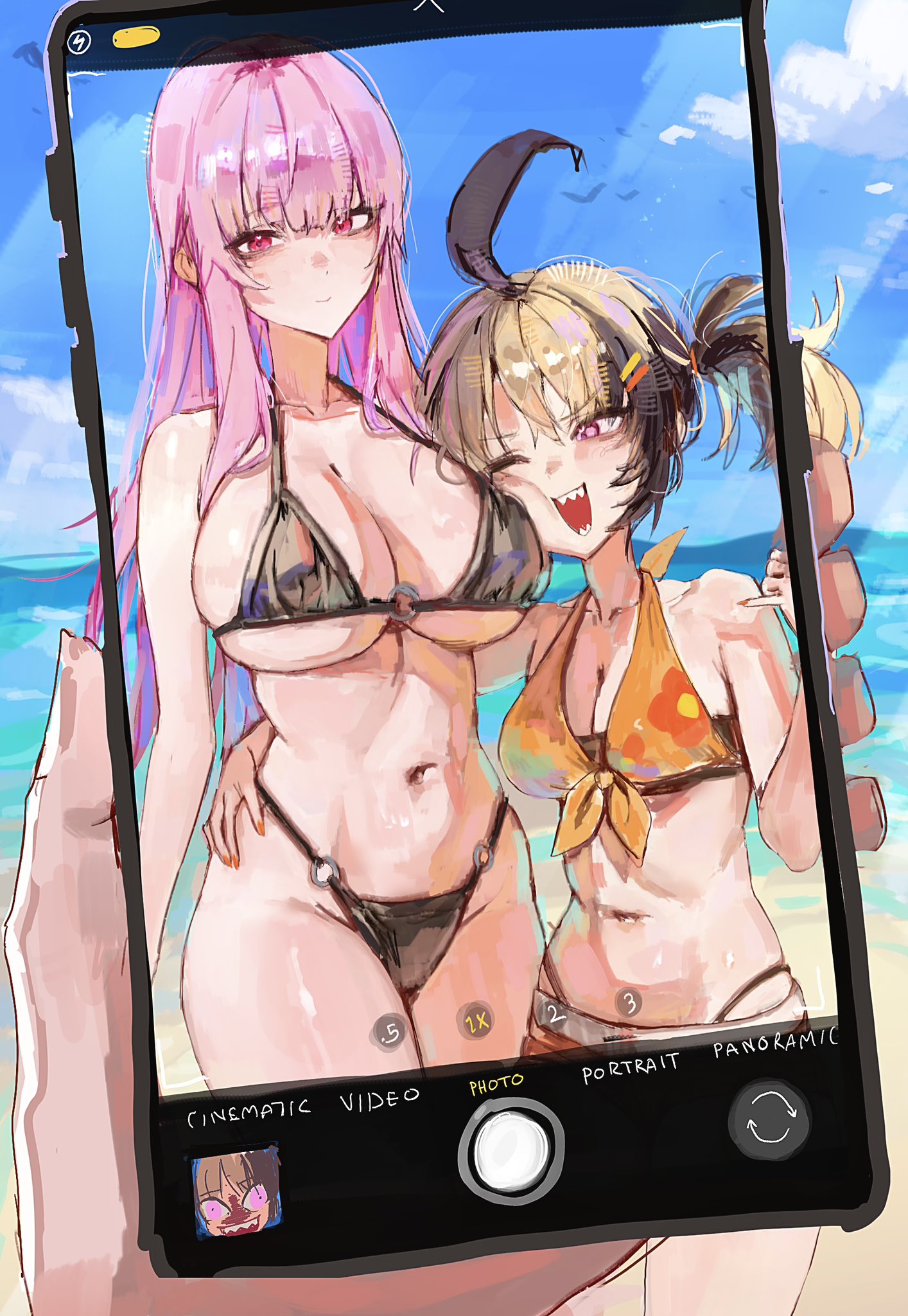 2girls, beach, bikini, breasts, female, gigi murin, hololive, hololive english, hololive english -justice-, hololive myth, huge breasts, kuu wii, mori calliope, phone screen, picture, picture frame, virtual youtuber, vtuber