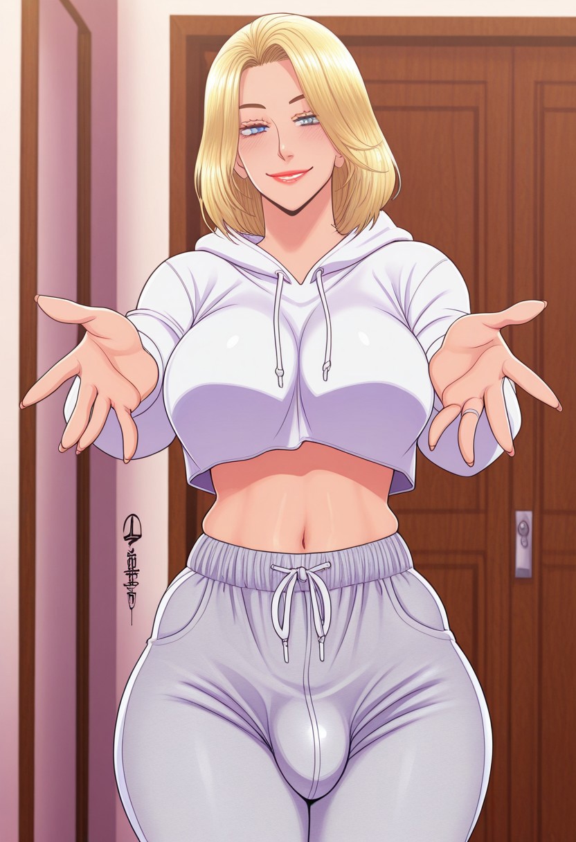 1futa 2d ai_generated anasheya_(style) blonde_futa blonde_hair blue_eyes bulge civitai crop_top cropped_hoodie drawstring erection erection_under_clothes futa_only futanari grey_pants grey_sweatpants hoodie human human_only large_breasts light-skinned_futa light_skin long_sleeves looking_at_viewer mature_futa medium_hair midriff smile smiling smiling_at_viewer solo sweatpants white_hoodie