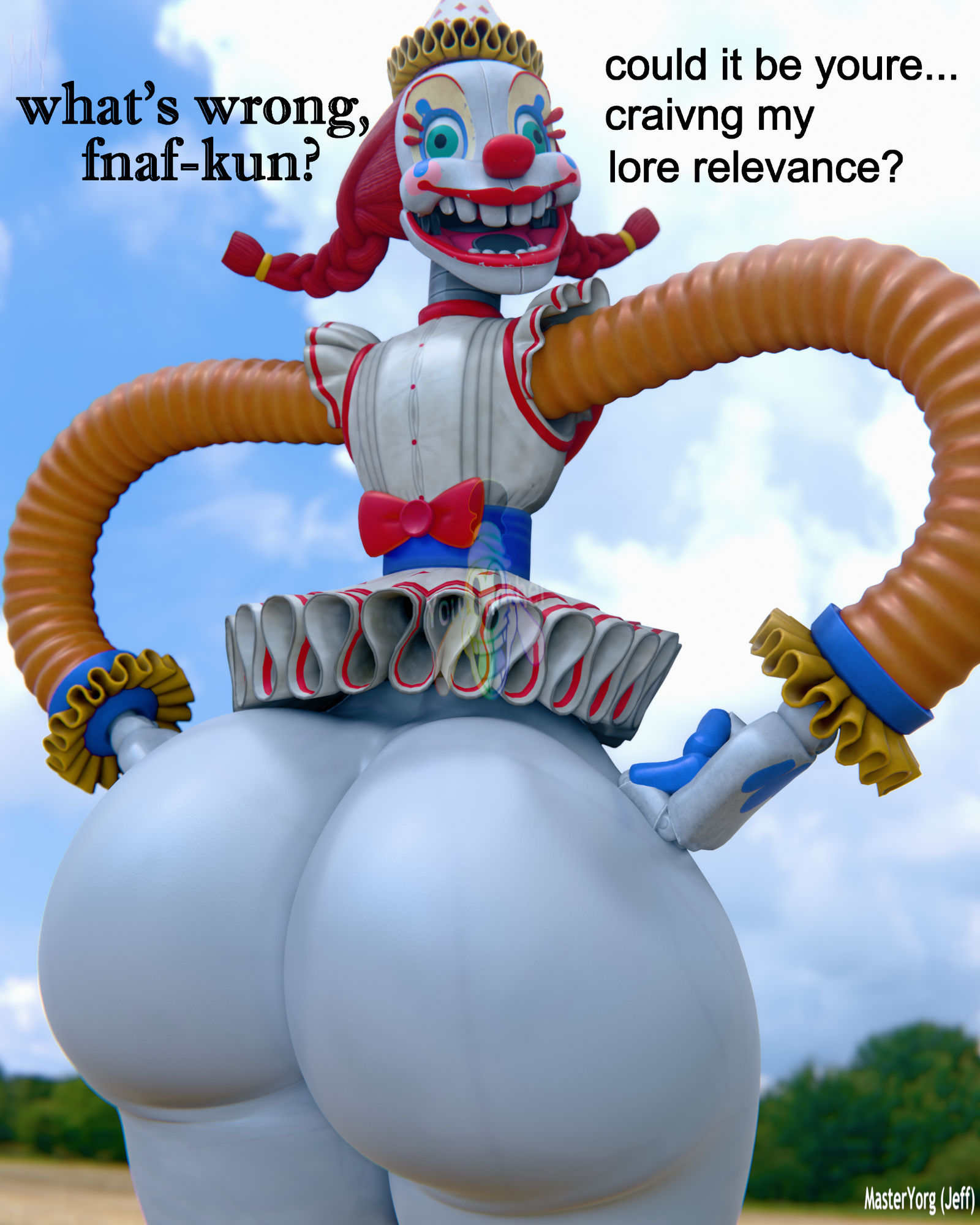3d, animatronic, ass, ass focus, clown, clown girl, dialogue, female, five nights at freddy's, five nights at freddy's: secret of the mimic, funny, humor, jackie (fnaf), masteryorg0, meme, red hair, robot, secret of the mimic, solo, tagme