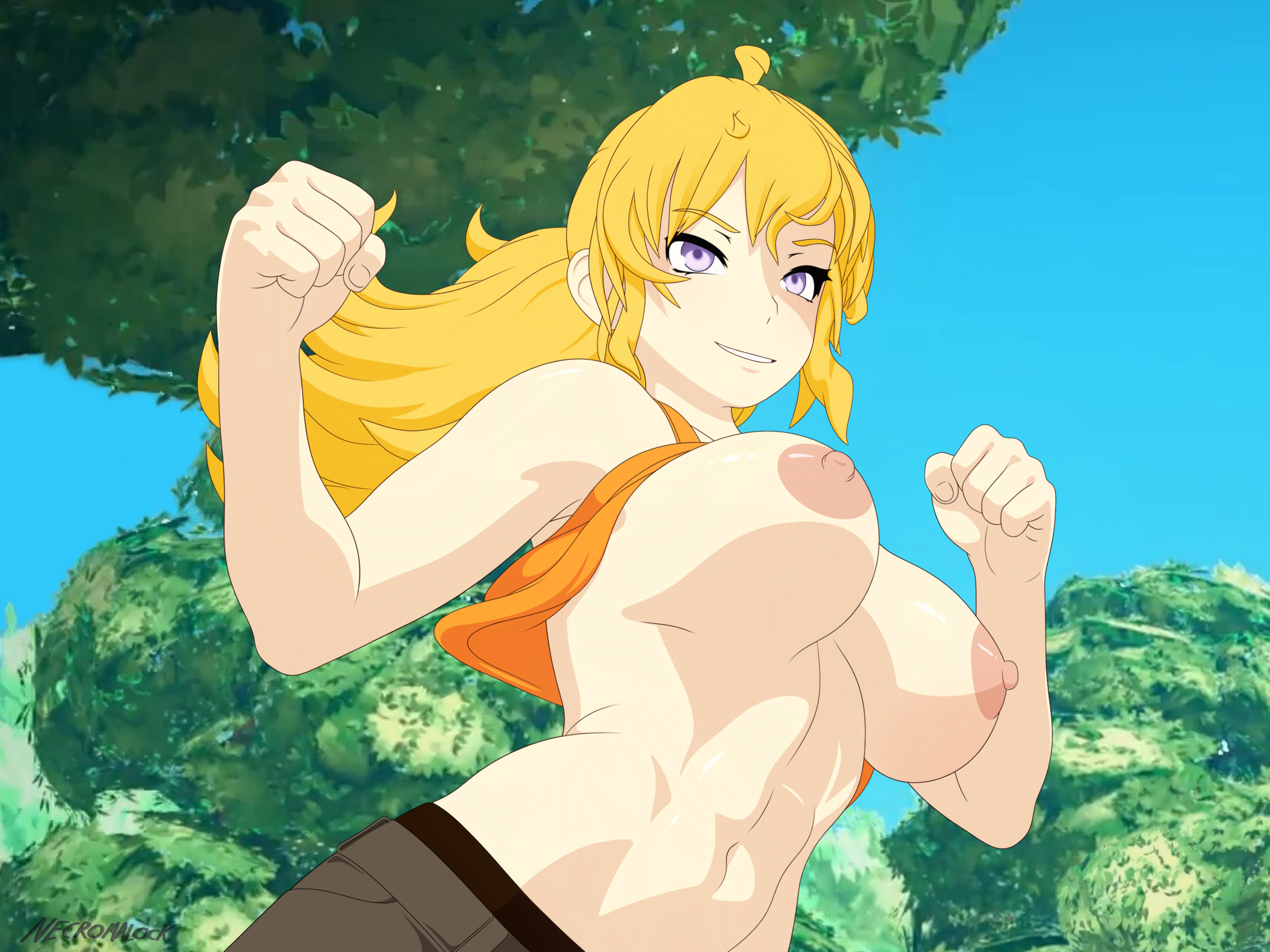 1girls, abs, accidental exposure, accurate art style, artist name, artist signature, big breasts, blonde female, blonde hair, breasts, brown nipples, busty, casual nudity, clothed female, clothes lift, confident, day, daytime, female, forest, large breasts, light skin, light-skinned female, lilac eyes, long hair, long-haired female, necromalock, nipples, no bra, oblivious, ponytail, purple eyes, rooster teeth, rwby, showing breasts, smile, solo, solo female, solo focus, tank top, tank top lift, toned, tree, trees, viz media, voluptuous, yang xiao long