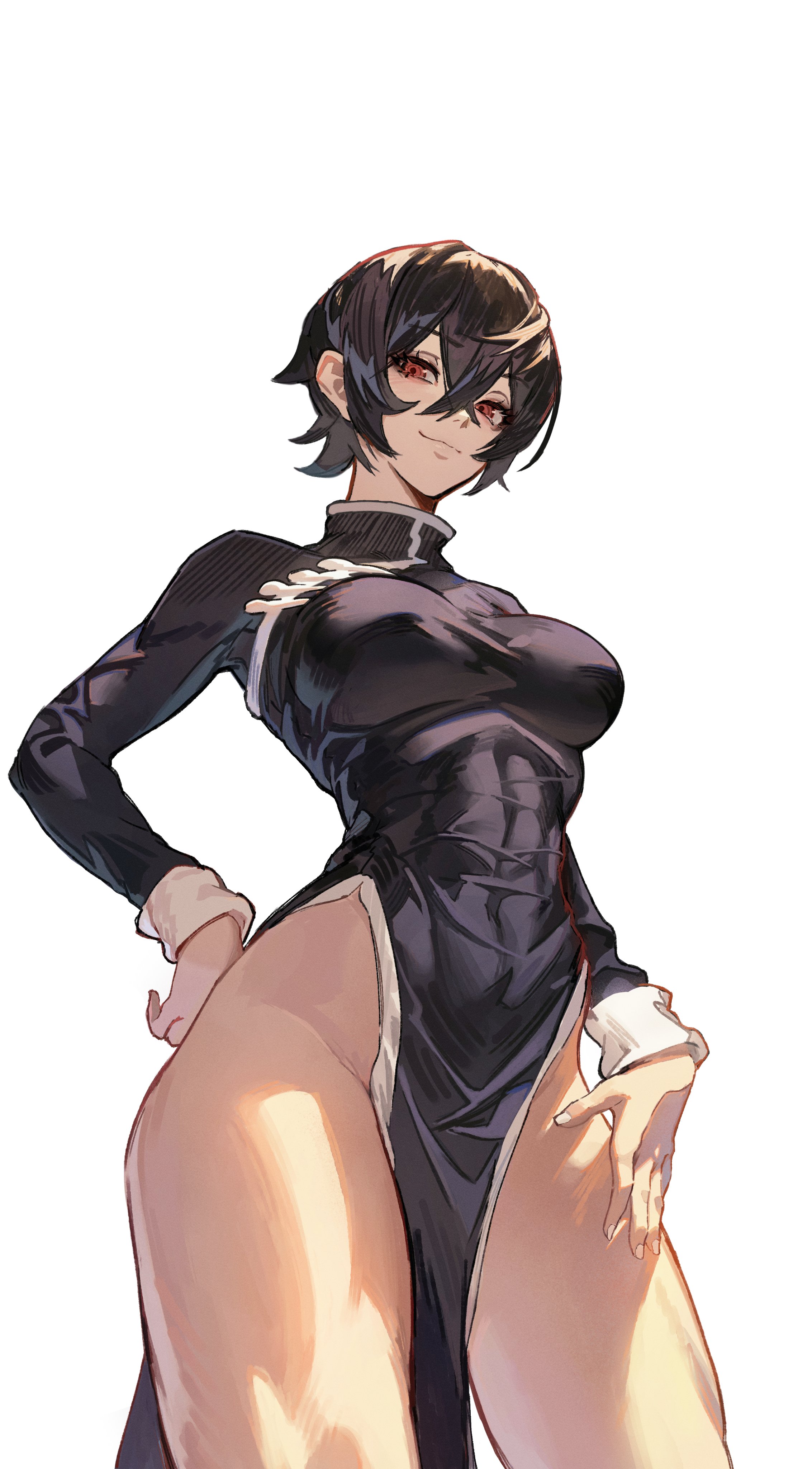 1girls, 2d, 2d (artwork), athletic, athletic female, big boonbs, big breasts, black hair, black-haired female, breasts, clothed, clothed female, dethmaid, female, female focus, female only, grin, happy, happy female, light skin, light-skinned female, looking at viewer, muscles, muscular, muscular female, nerine (explosifchoker), red eyes, red-eyed female, slender, slender body, slender waist, solo, solo female, solo focus, standing, thick thighs, thighs, toned, toned female