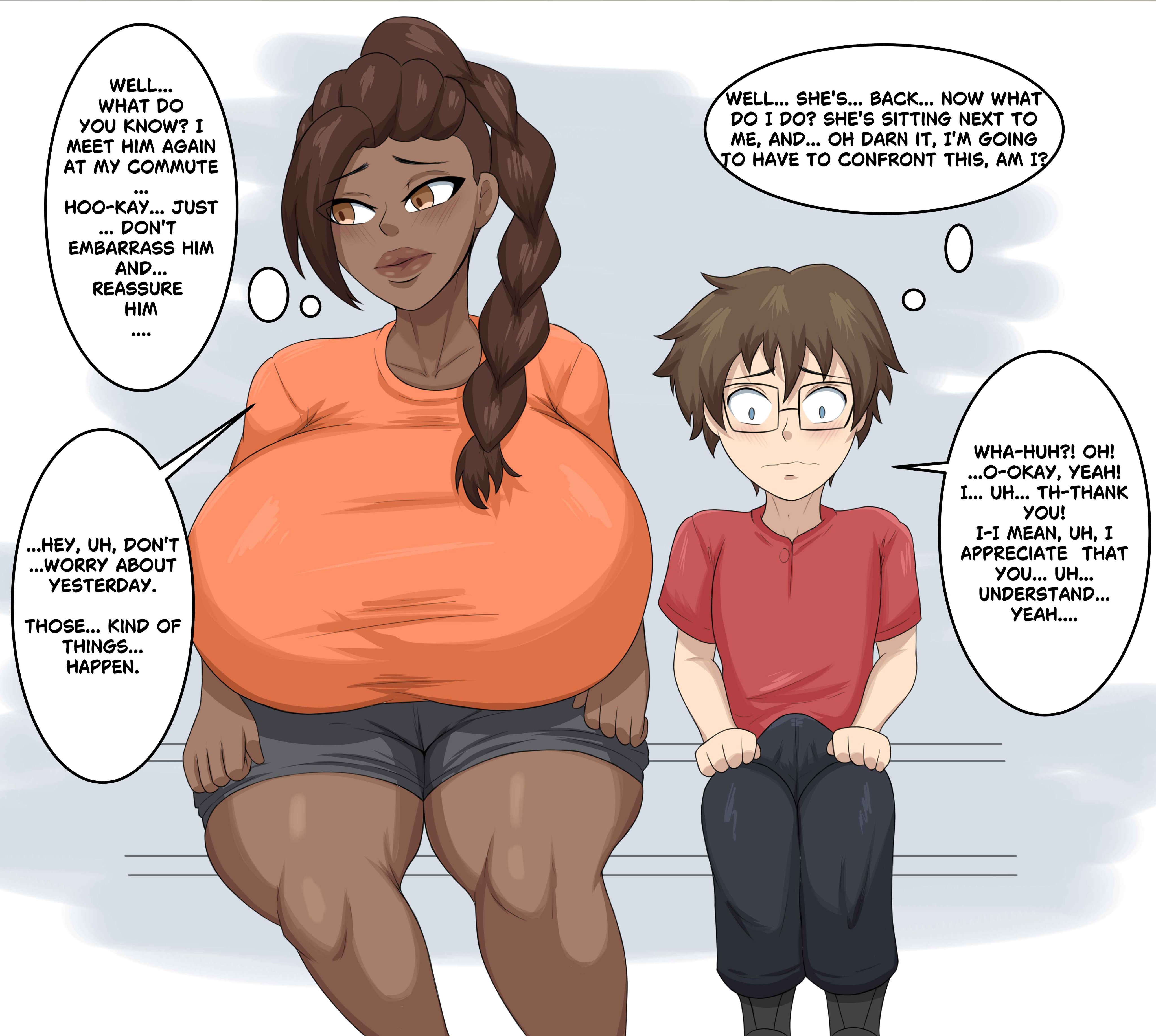 1boy, 1girls, artistdex, asian, asian male, asian male black female, auburn eyes, black female, curvaceous, curvaceous figure, curvy, curvy body, curvy female, curvy figure, curvy hips, digital drawing (artwork), digital media (artwork), english, english text, huge breasts, jpg, just fuck already, light brown hair, light skin, light-skinned female, lookmanilikeit1, massive breasts, mishana (lookmanilikeit1), no background, ocs, original, original characters, part 3, part of a series, shorter male, simple background, small but hung, smaller male, someone else's oc, takeshi (lookmanilikeit1), taller female, taller woman, text, text bubble, thought bubble, train interior, twitter link, voluptuous, voluptuous body, voluptuous female, white background