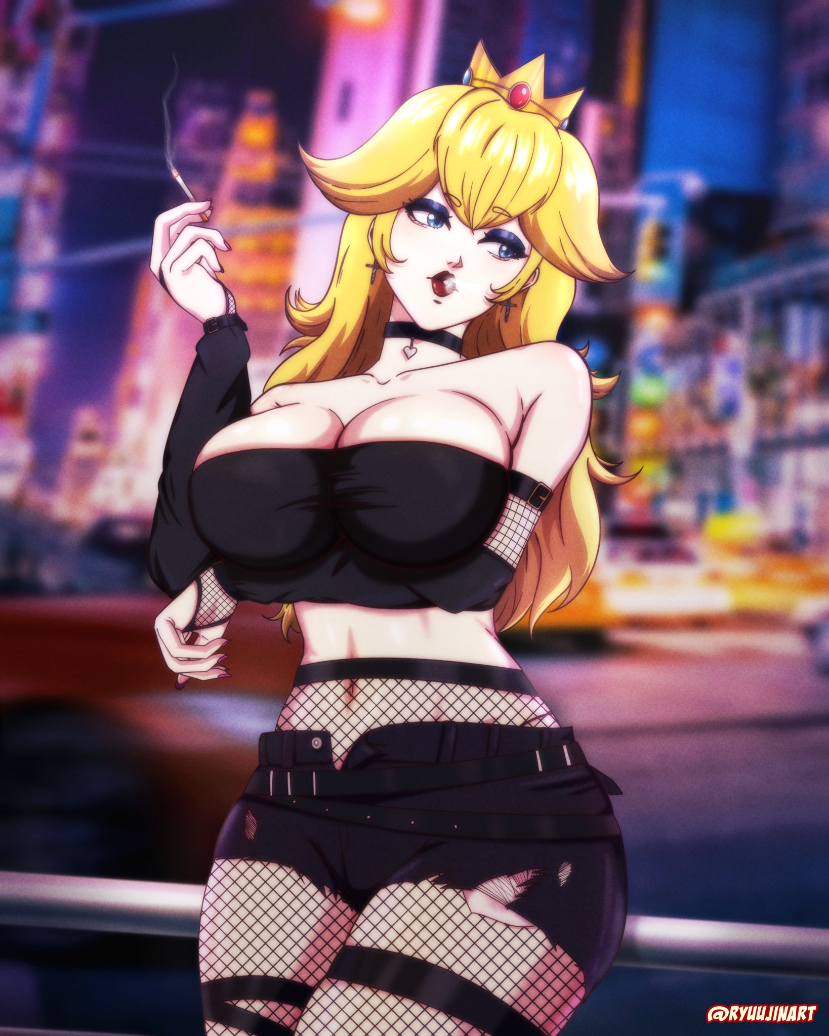 big breasts, big thighs, big titties, blue eyes, breasts, cigarette, clothing, curvaceous, curvaceous female, curvaceous figure, curvy, curvy figure, dominatrix, female, female focus, female only, goth girl, looking at viewer, mario (series), nintendo, princess peach, ryuujinart, super mario bros., thigh highs, yellow hair