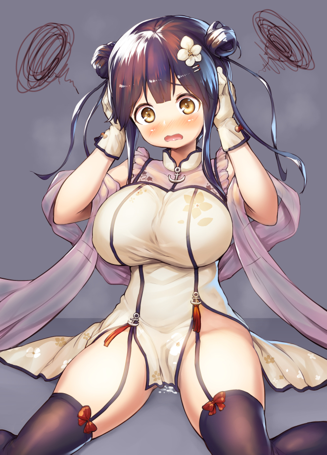 1girls azur_lane black_hair black_legwear blush breasts china_dress chinese_clothes danbo_(rock_clime) double_bun dress eagle_union_(azur_lane) female flower gloves hair_flower hair_ornament hairclip hands_on_own_head impossible_clothes impossible_dress large_breasts light-skinned_female light_skin mullany_(azur_lane) mullany_(eastern_etiquette)_(azur_lane) no_panties open_mouth orange_eyes shawl sitting solo squiggle suggestive_fluid thighhighs white_gloves