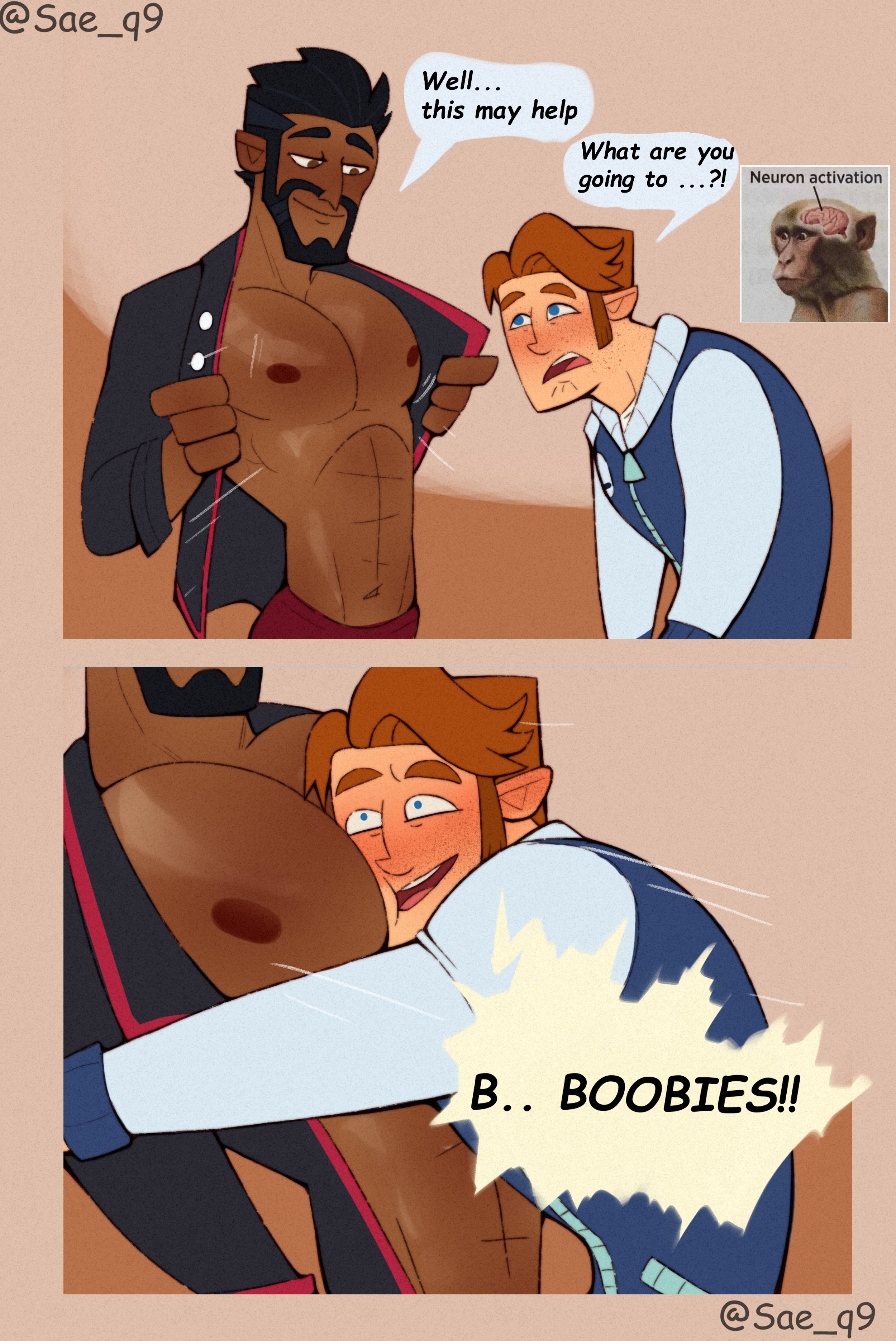 2boys, abs, artist name, awooga, bara, breasts, dark skin, dark-skinned male, disventure camp, disventure camp: carnival of chaos, english dialogue, english text, fat tits, gay, god damn, honestly quite incredible, interracial, logan (disventure camp), logan bell, male, male focus, male only, men love men, men only, muscular, muscular chest, muscular male, nipples, odd nation cartoons, oh my god, oh my goodness gracious, paradise, pecs, pectorals, sae q9, speech bubble, text, wholesome, yaoi, zaid (disventure camp), zaid hakim, zooweemama